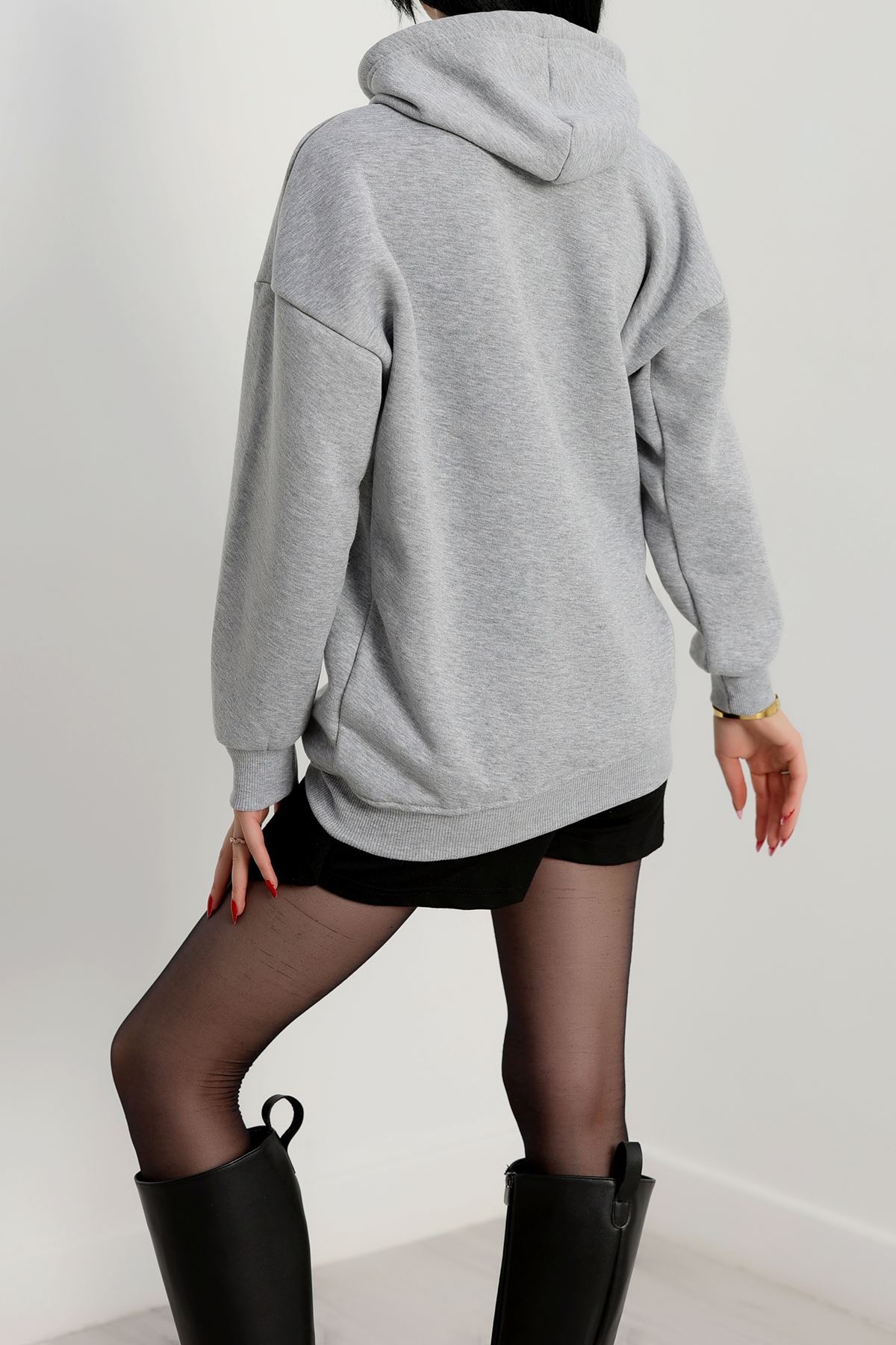 3 İplik Kapşonlu  Baskılı Sweat Gri - 42223.1878.