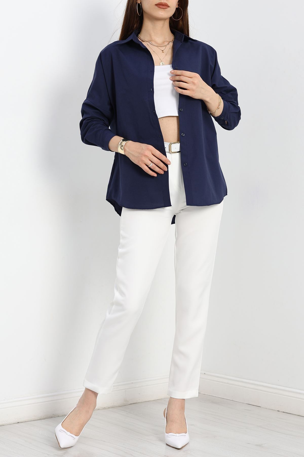 Terikoton Oversize Gömlek Lacivert - 30840.1949.