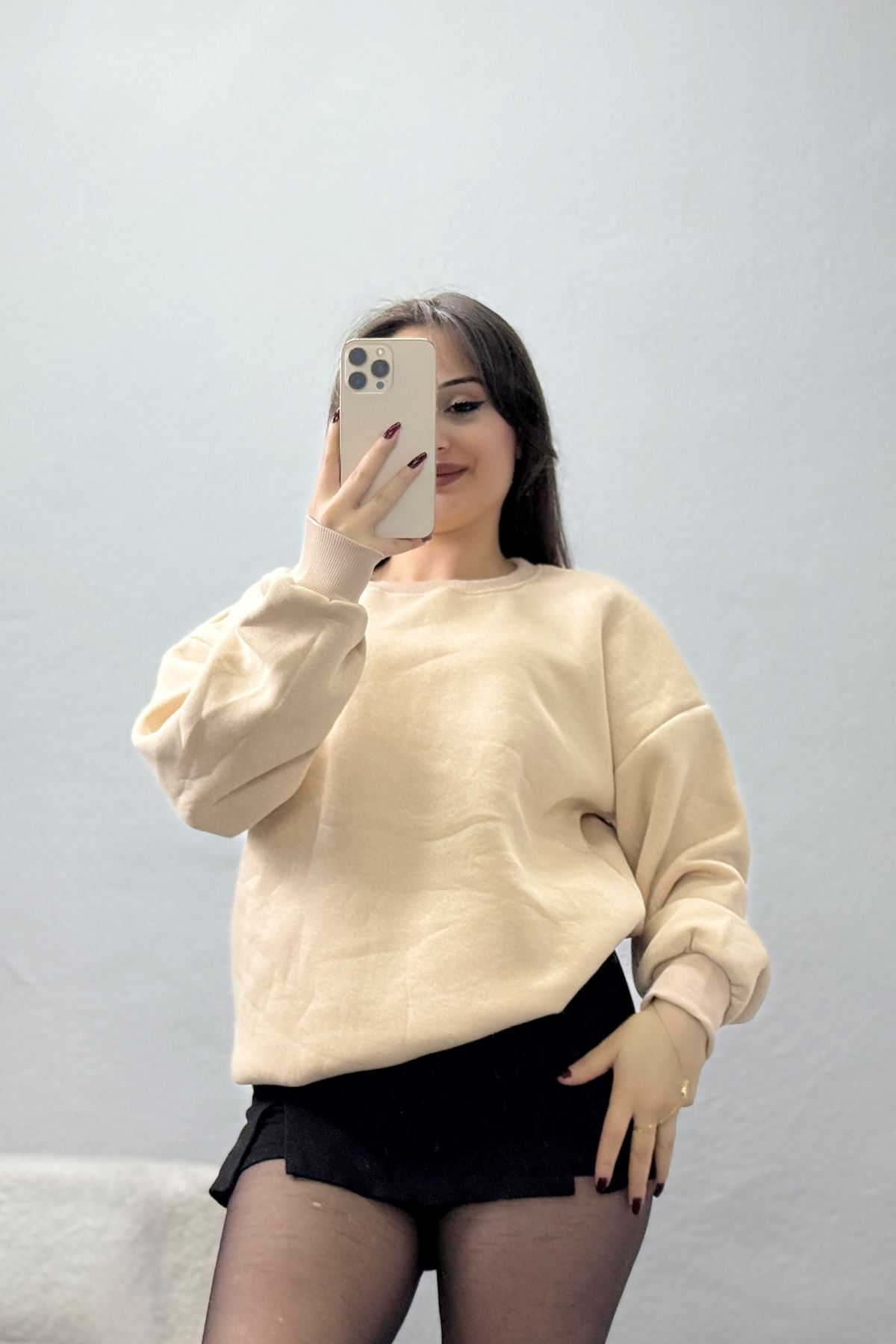 Bisiklet Yaka Üç İplik Sweat Bej - 20138.1878.