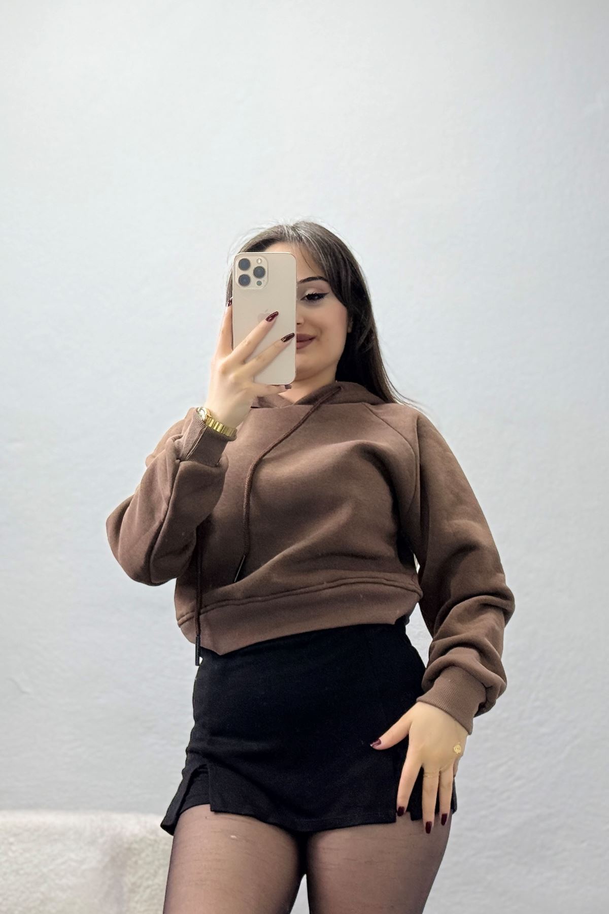 3 İplik Kapşonlu Crop Sweat Kahve - 20959.1878.