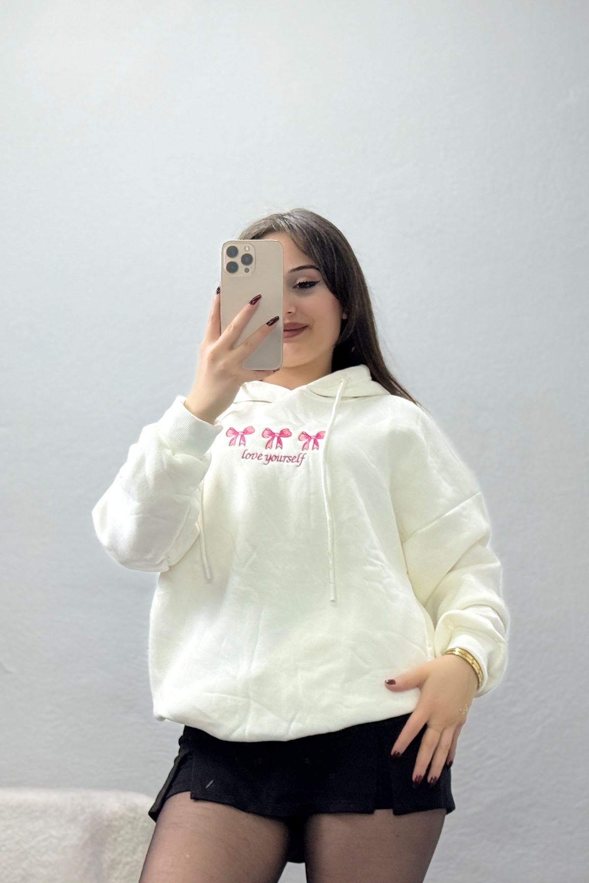 3 İplik Kapşonlu Nakışlı Sweat Ekrupembe - 42219.1878.