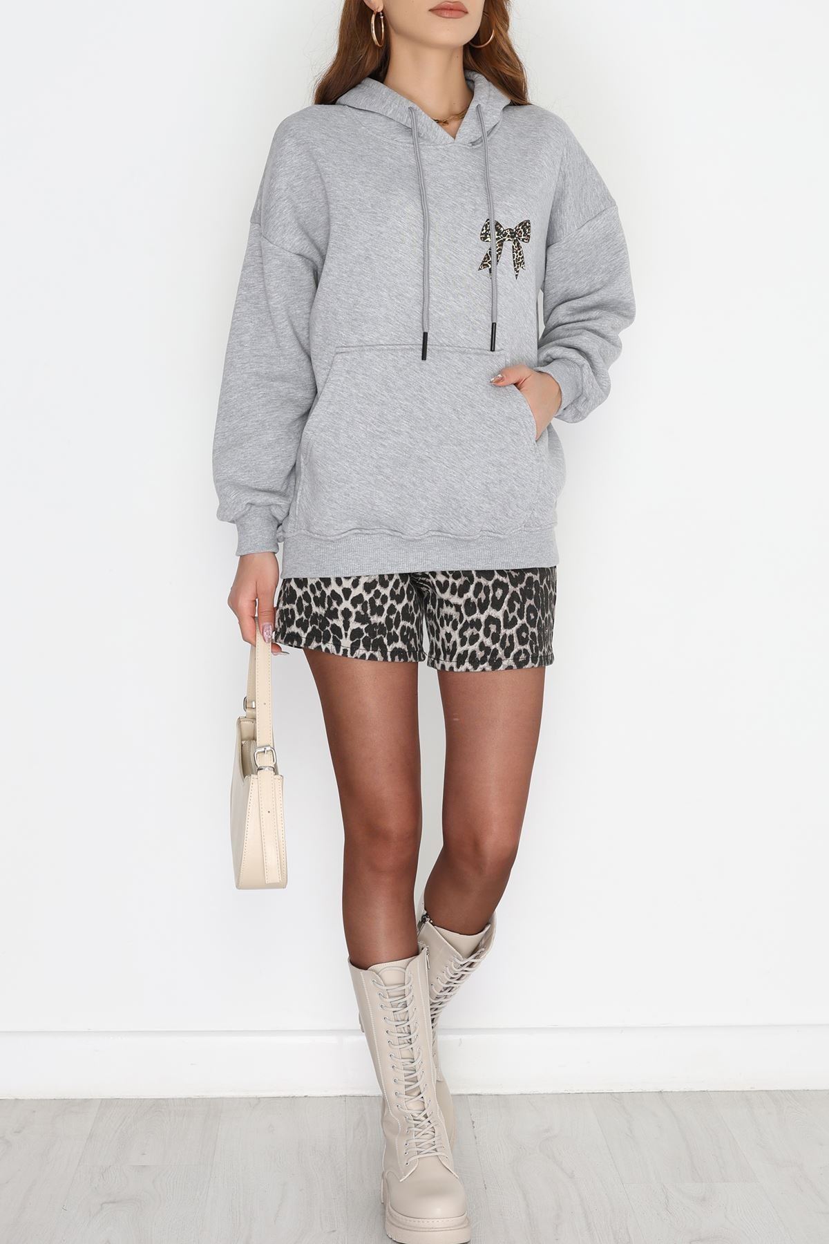 3 İplik Kanguru Cepli Kapşonlu Sweat Gri - 42251.1878.