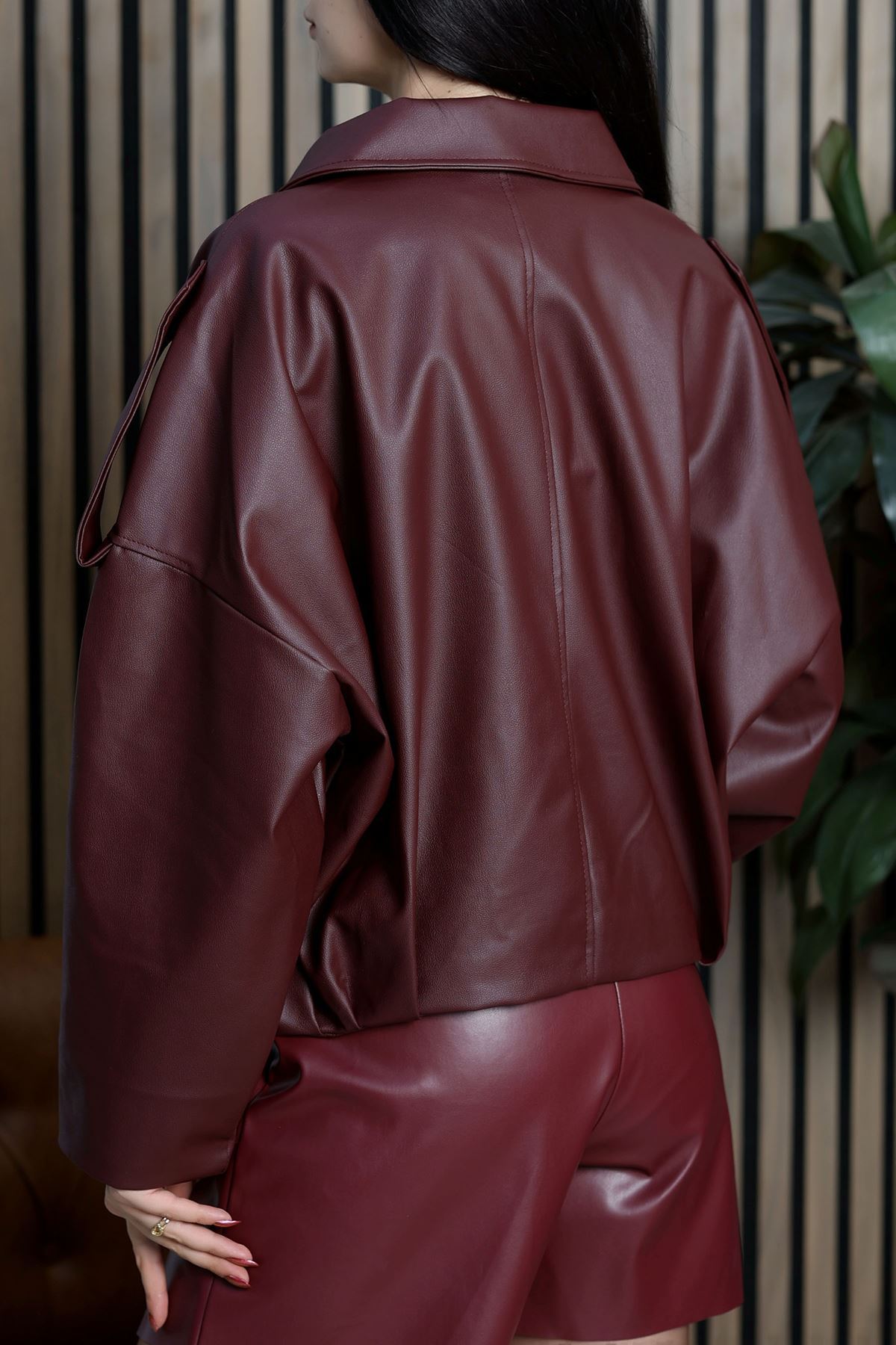 Oversize Balon Deri Ceket Bordo - 2020.2089.