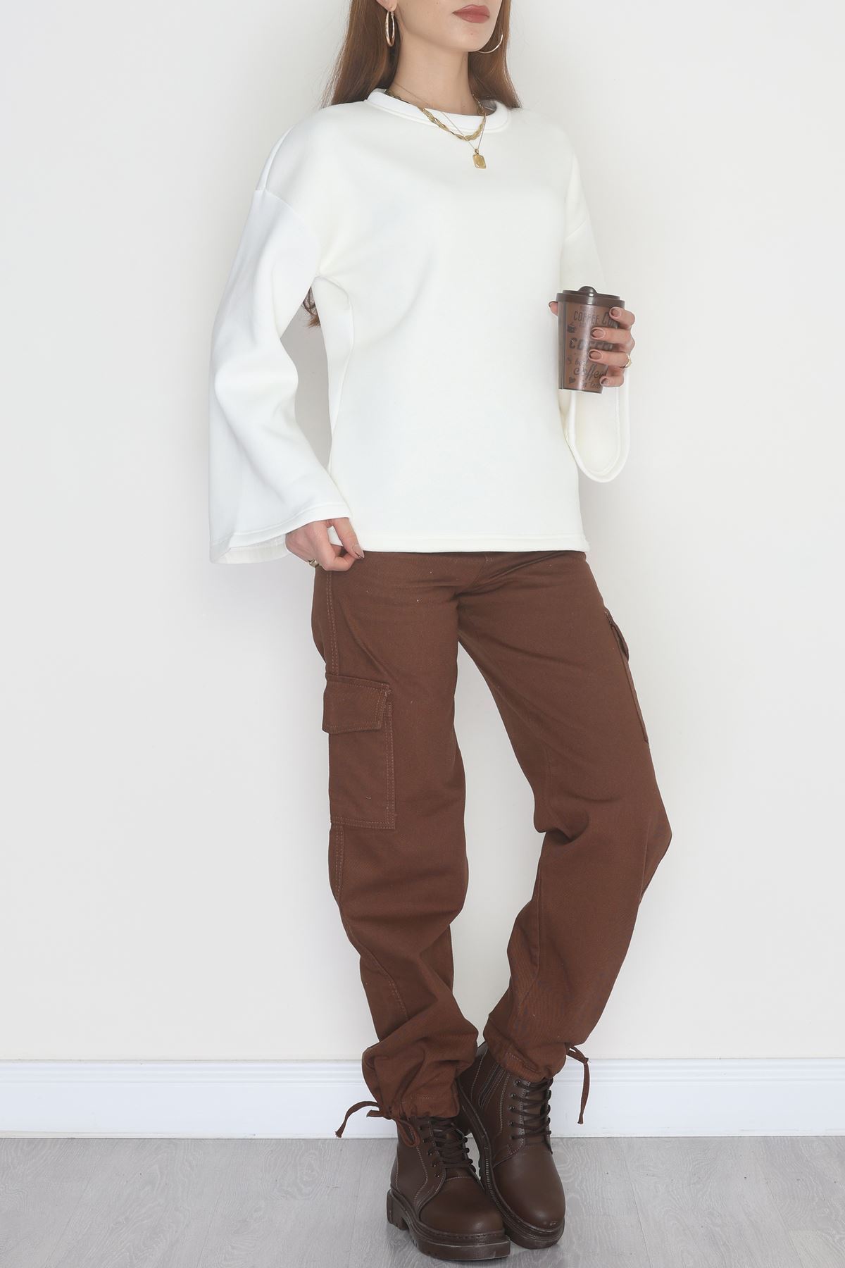 3 İplik Şardonlu İspanyol Kol Sweat Ekru - 42606.1878.