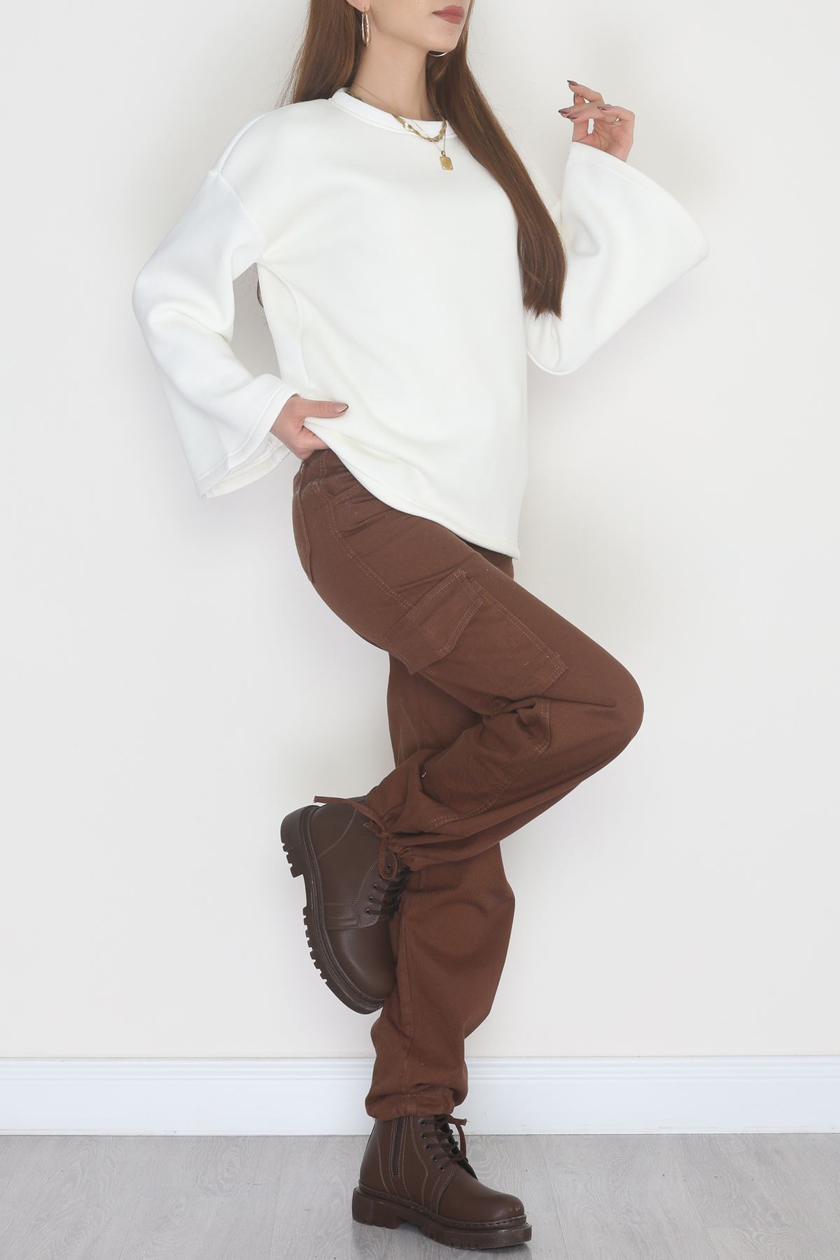 3 İplik Şardonlu İspanyol Kol Sweat Ekru - 42606.1878.