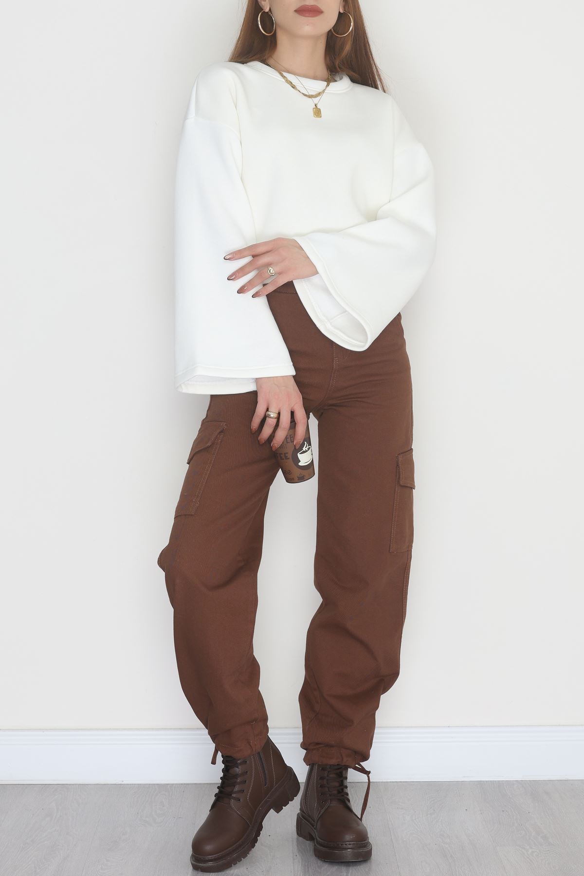 3 İplik Şardonlu İspanyol Kol Sweat Ekru - 42606.1878.