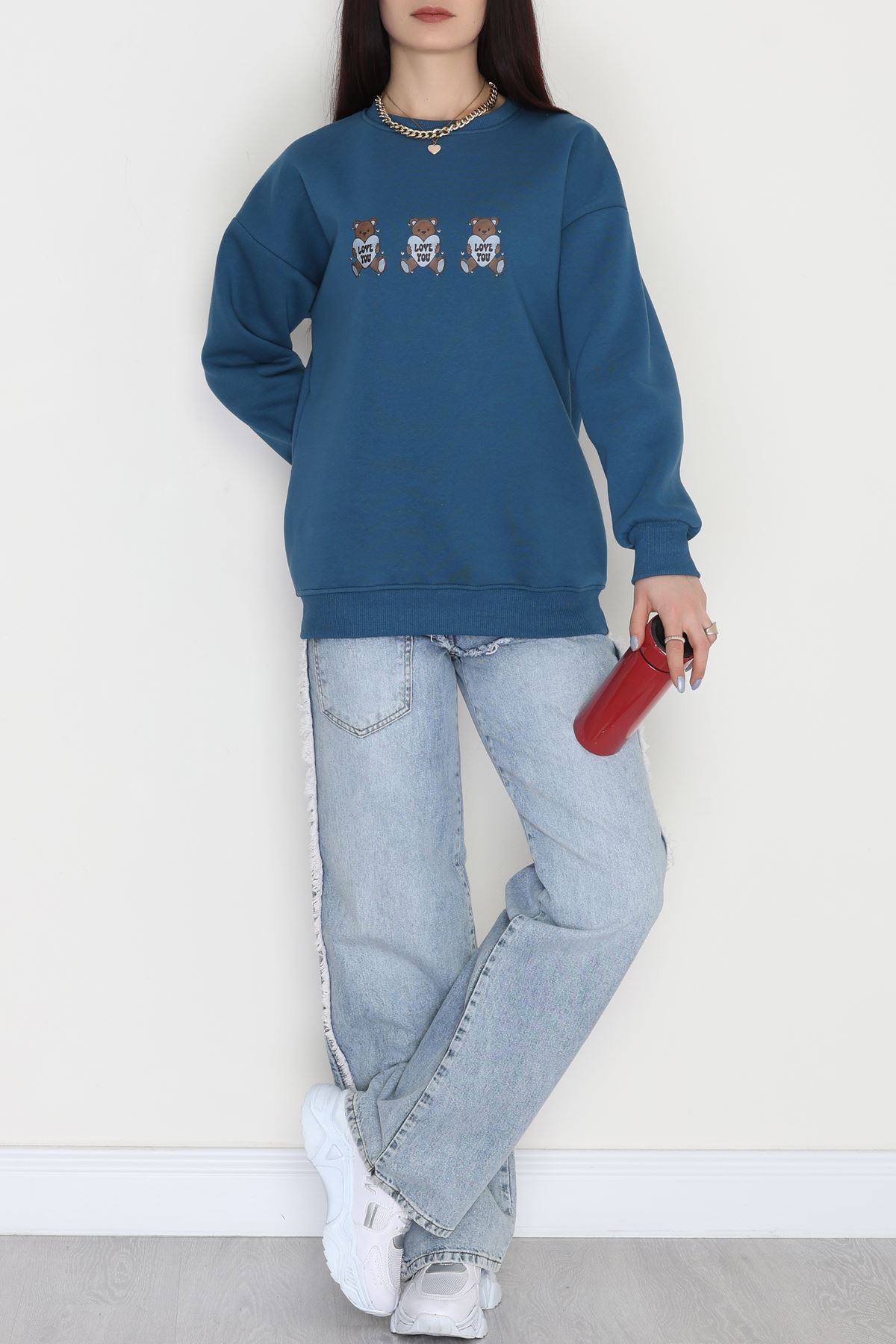 3 İplik Bisiklet Yaka Sweat Petrol - 42240.1878.