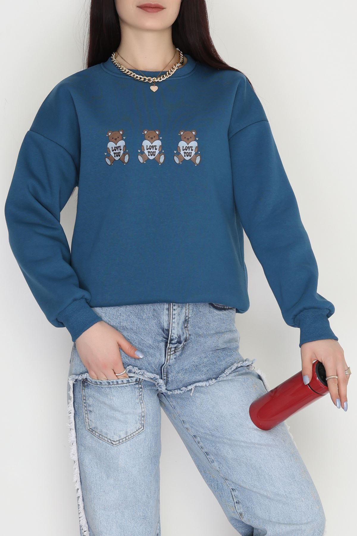 3 İplik Bisiklet Yaka Sweat Petrol - 42240.1878.