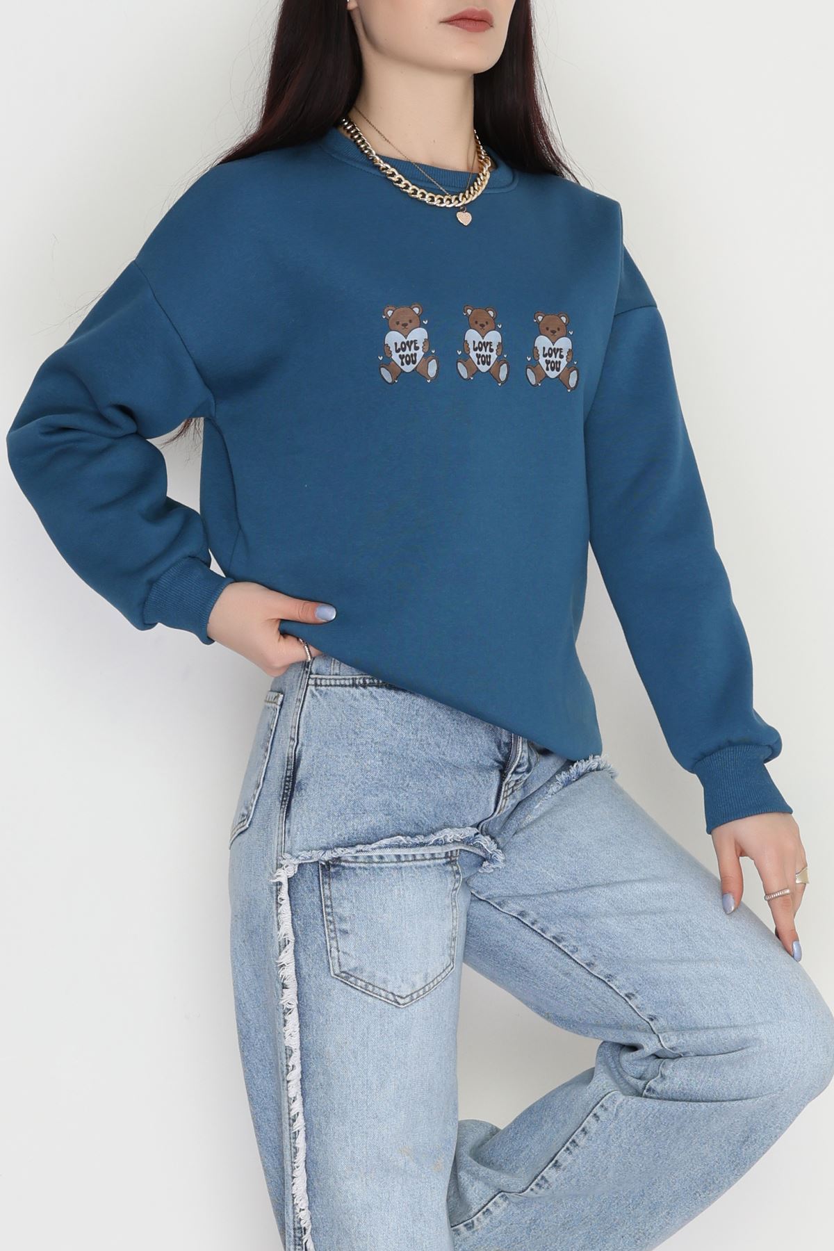 3 İplik Bisiklet Yaka Sweat Petrol - 42240.1878.