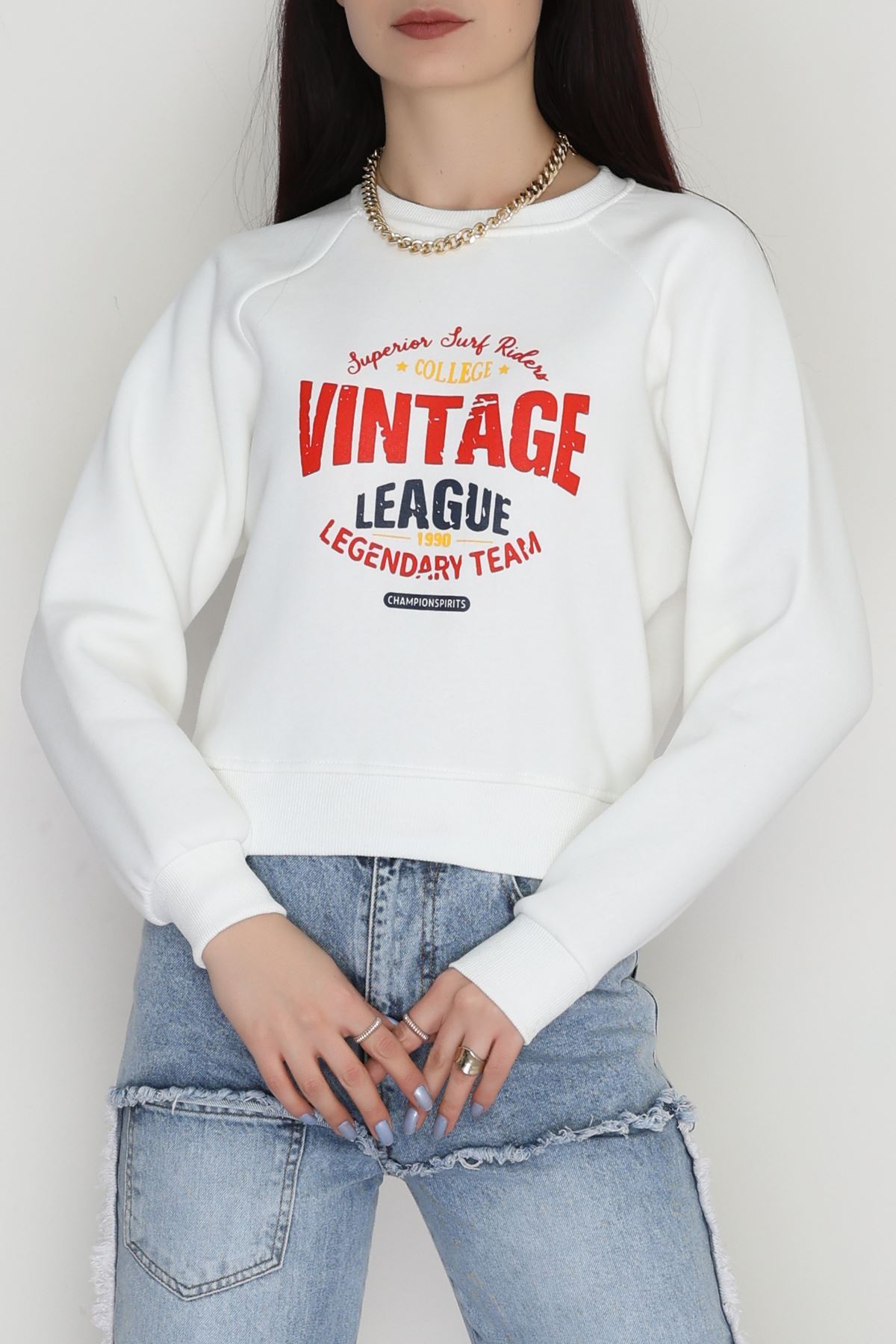 3 İplik Şardonlu Baskılı Sweat Ekru - 42605.1878.