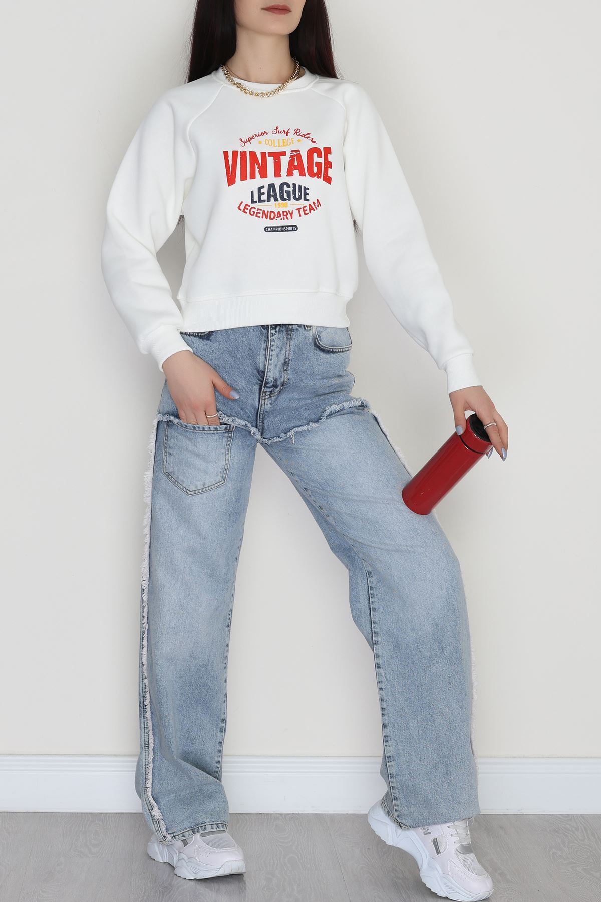 3 İplik Şardonlu Baskılı Sweat Ekru - 42605.1878.