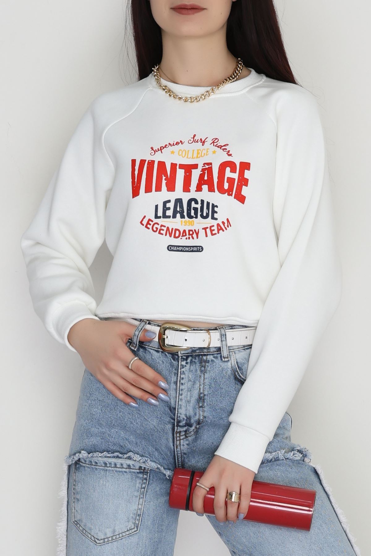 3 İplik Şardonlu Baskılı Sweat Ekru - 42605.1878.