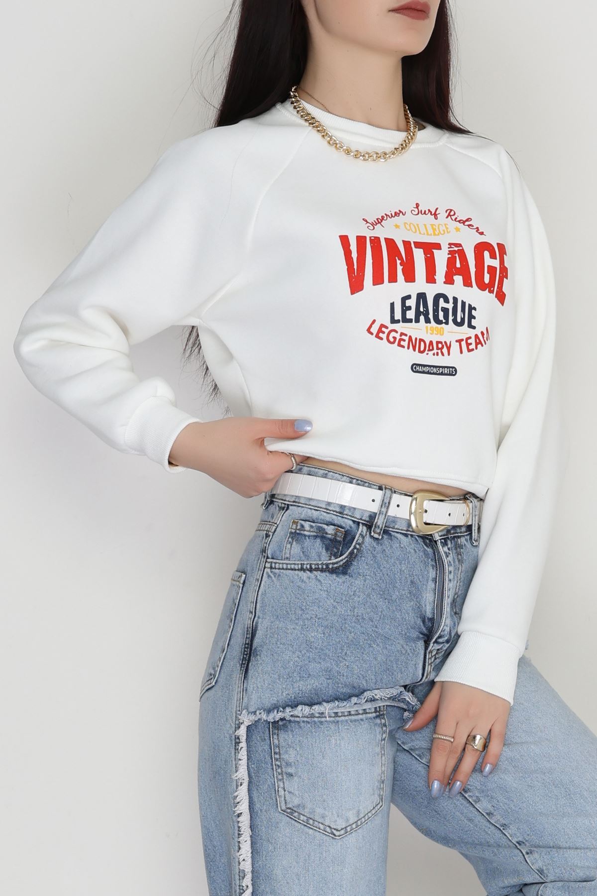 3 İplik Şardonlu Baskılı Sweat Ekru - 42605.1878.