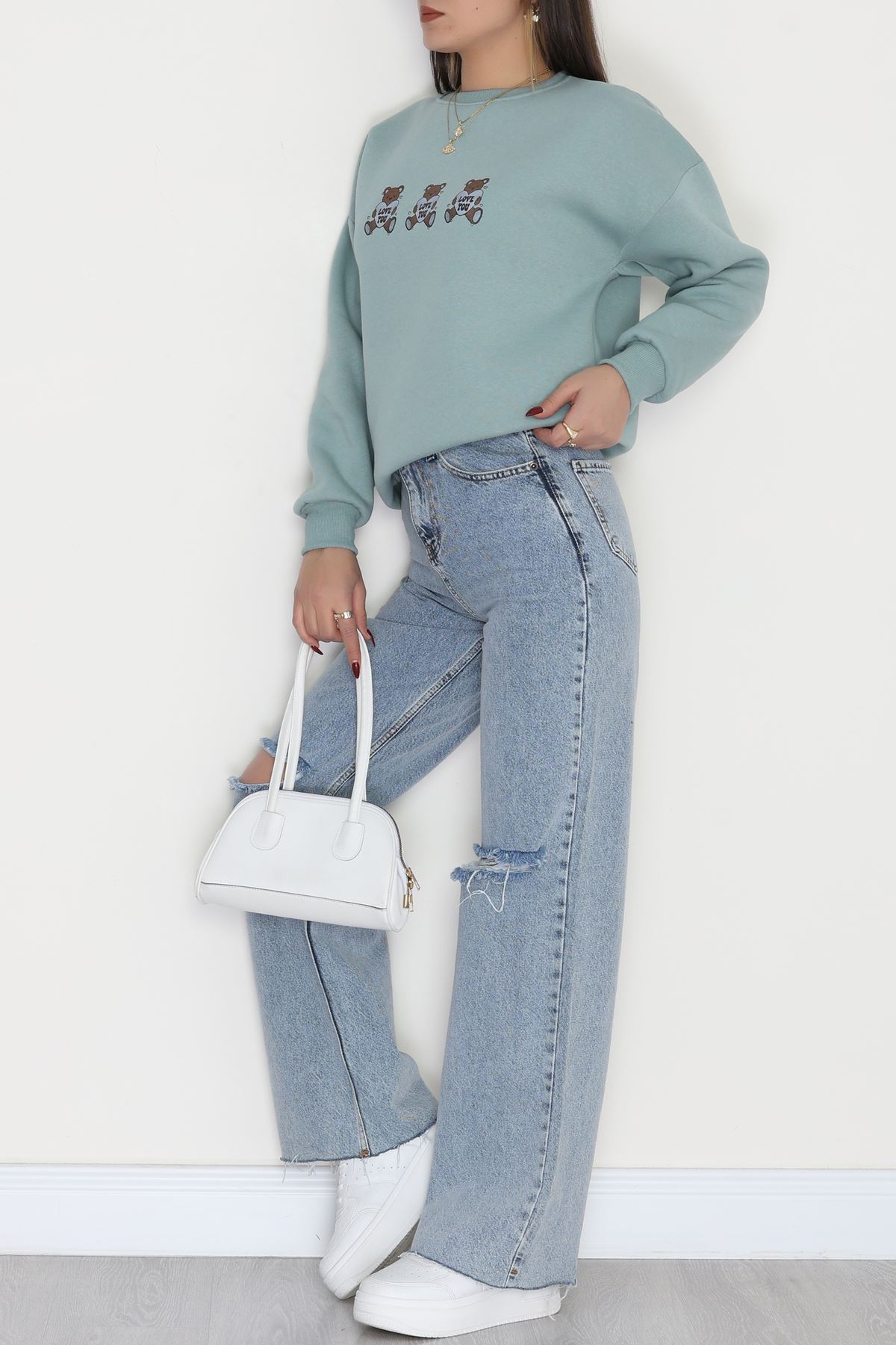 3 İplik Bisiklet Yaka Sweat Suyeşili - 42240.1878.