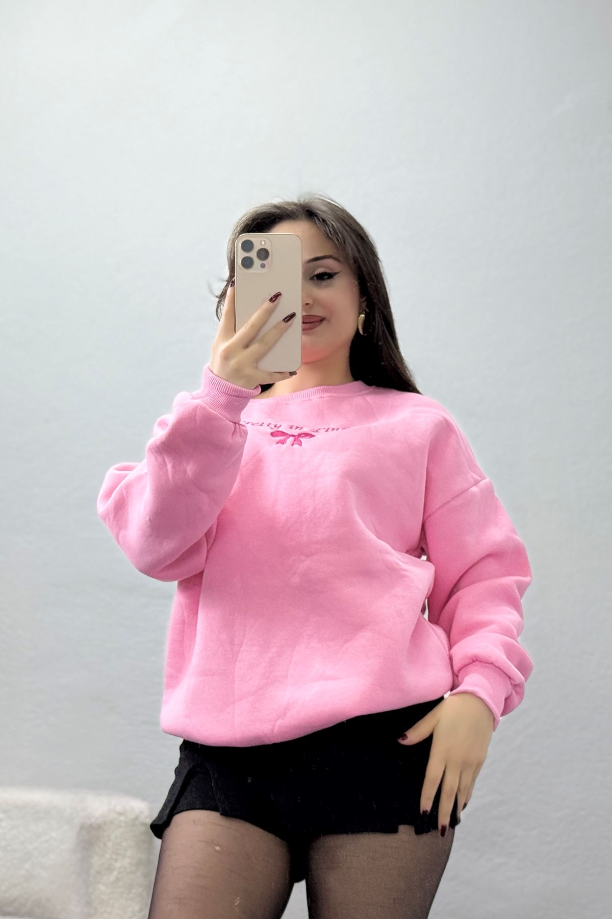 3 İplik Bisiklet Yaka Sweat Pembe - 42242.1878.