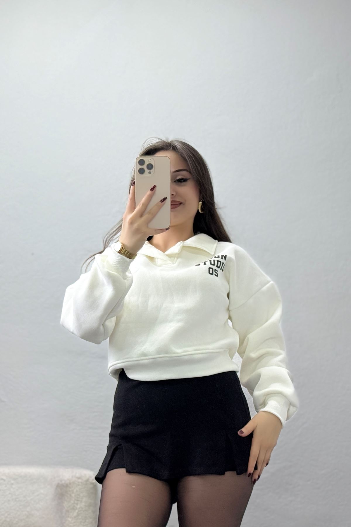 3 İplik Şardonlu Polo Yaka Baskılı Sweat Ekru - 42602.1878.