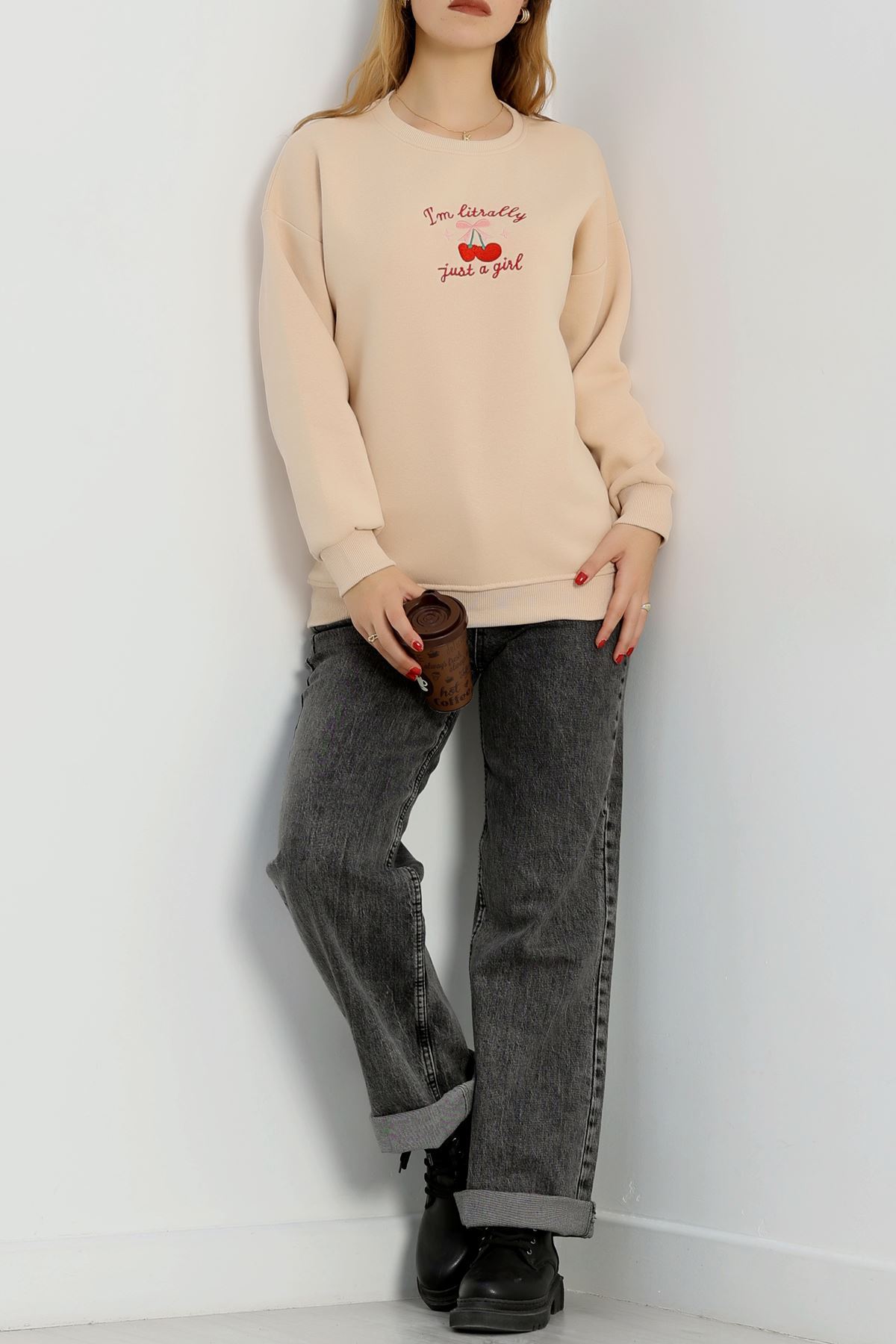 3 İplik Bisiklet Yaka Sweat Bej - 42234.1878.