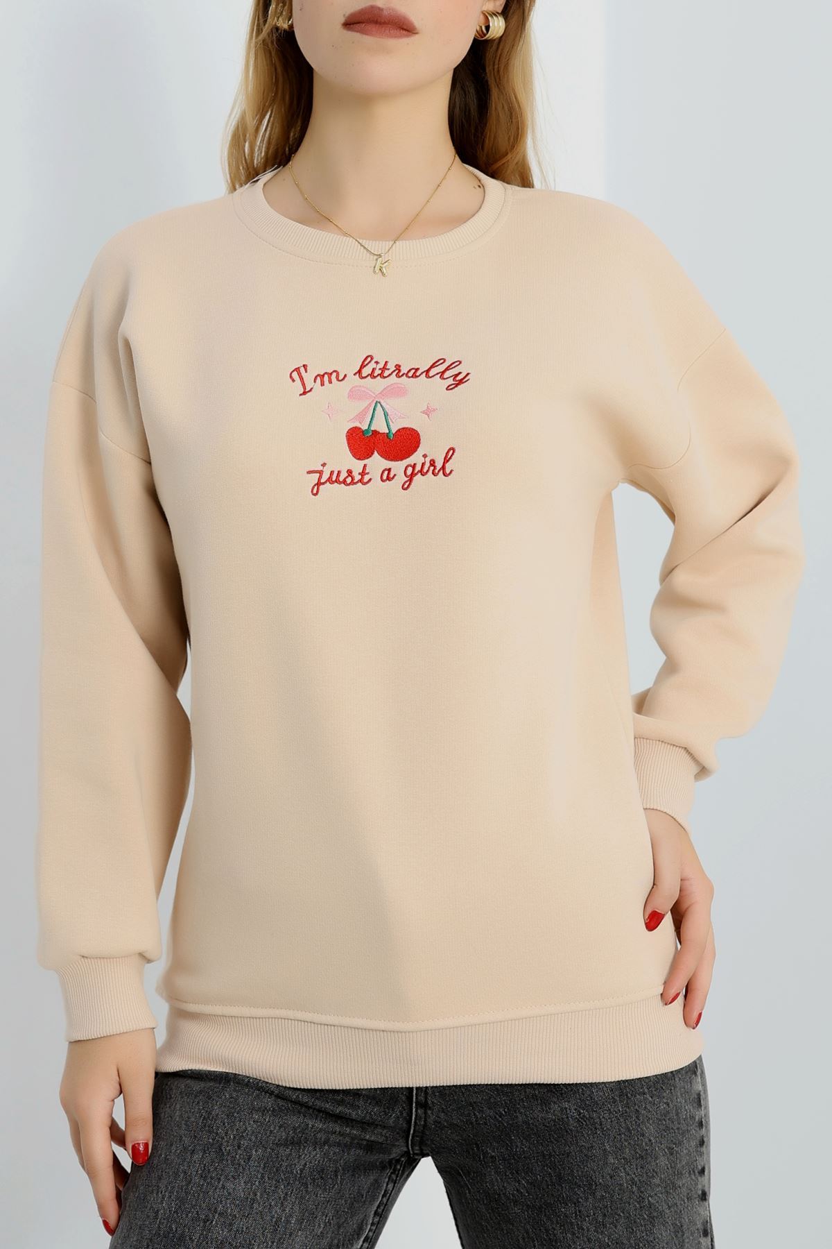 3 İplik Bisiklet Yaka Sweat Bej - 42234.1878.