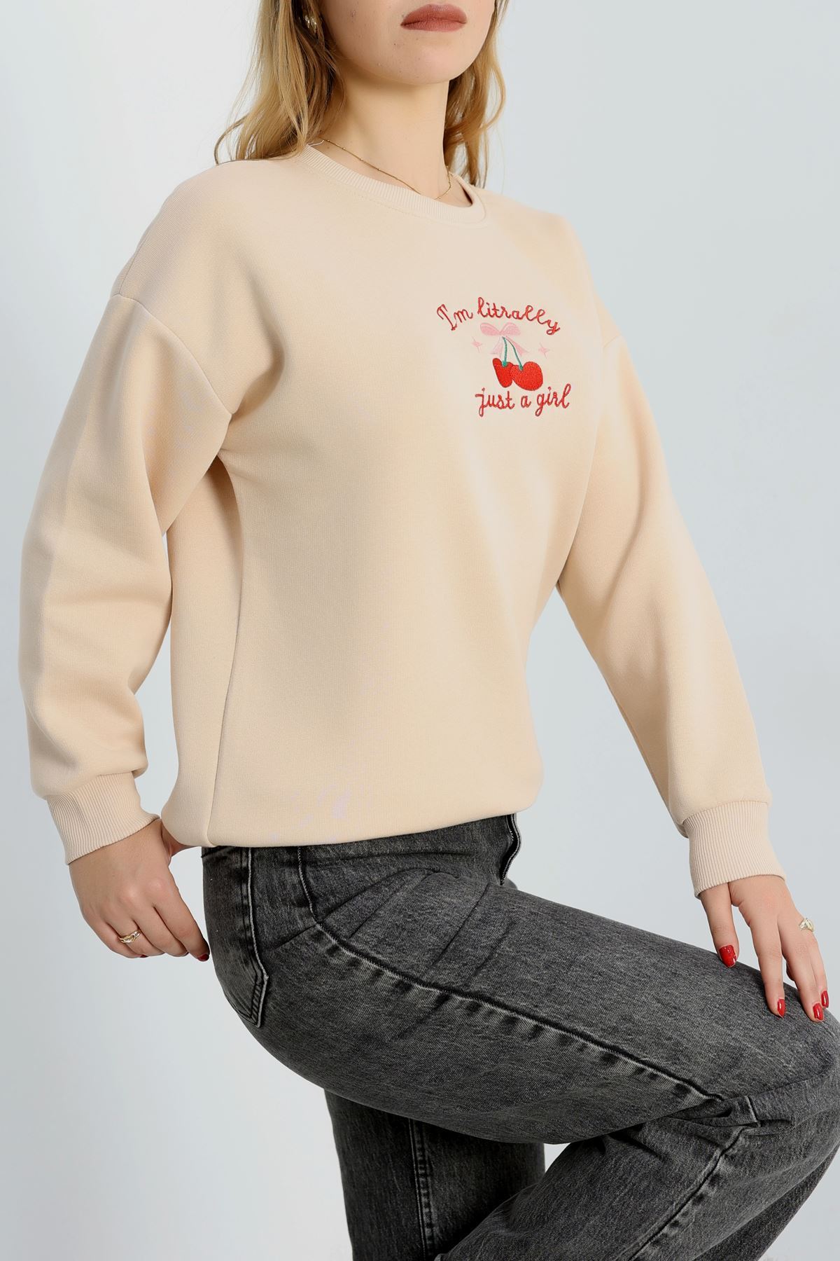 3 İplik Bisiklet Yaka Sweat Bej - 42234.1878.