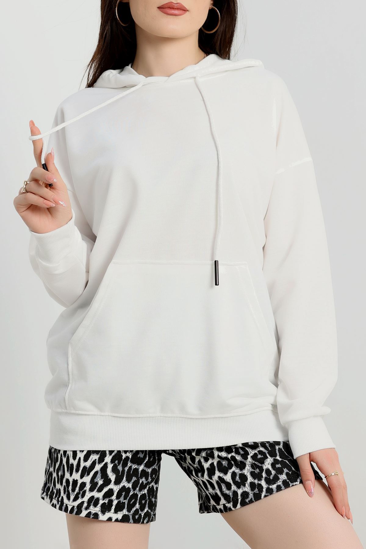 2 İplik Kapşonlu Kanguru Cepli Sweat Ekru - 30090.1878.