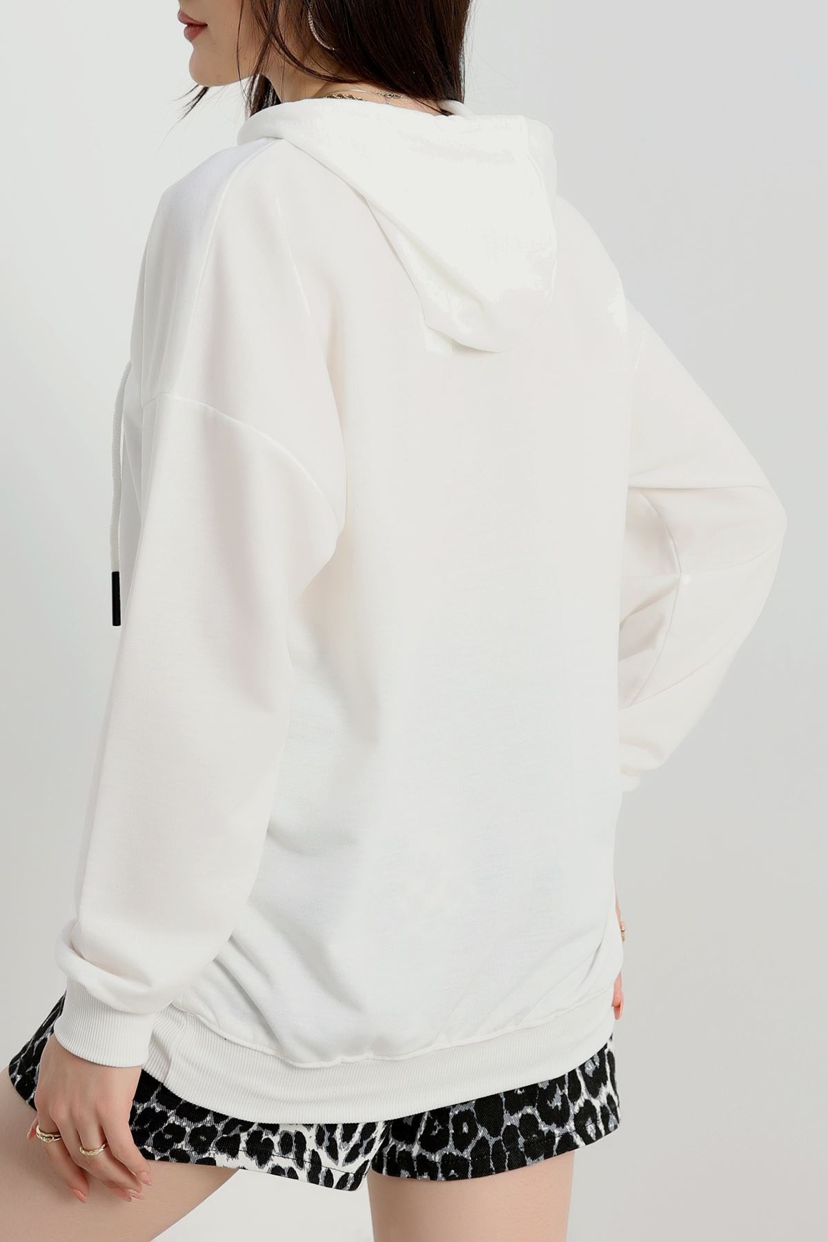 2 İplik Kapşonlu Kanguru Cepli Sweat Ekru - 30090.1878.