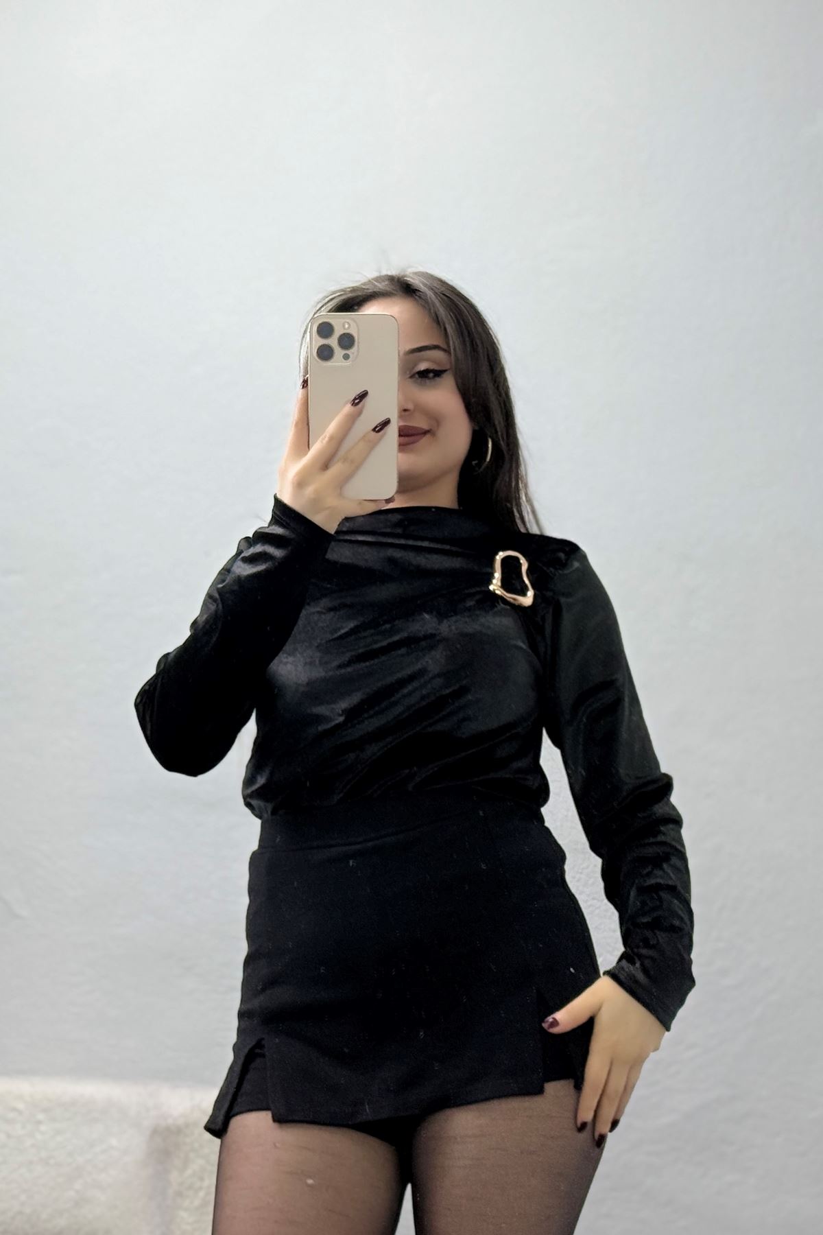 Toka Detaylı Kadife Bluz Siyah - 42665.1949.