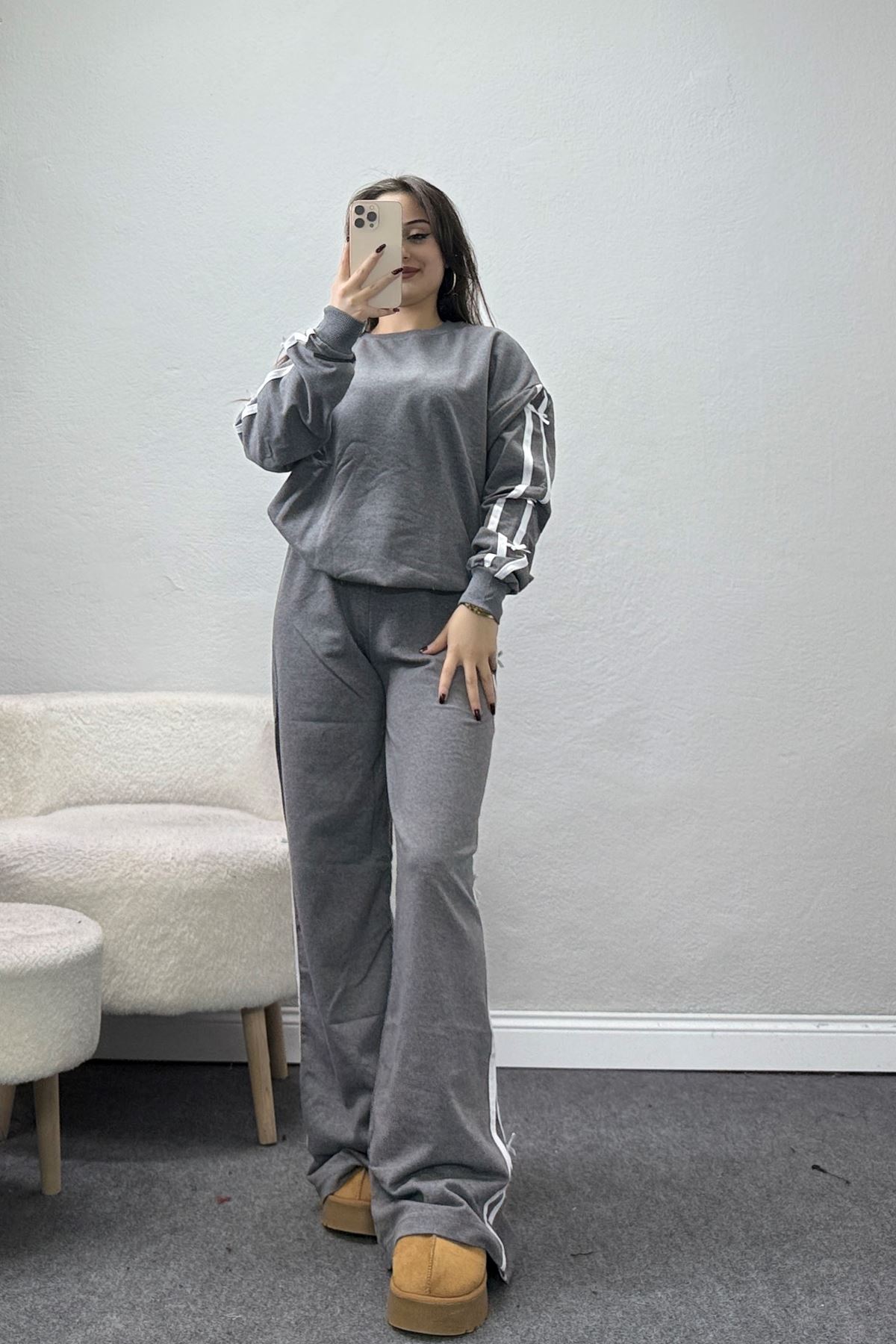 Şeritli Fiyonklu 2 İplik Eşofman Takımı Füme - 50788.1857.