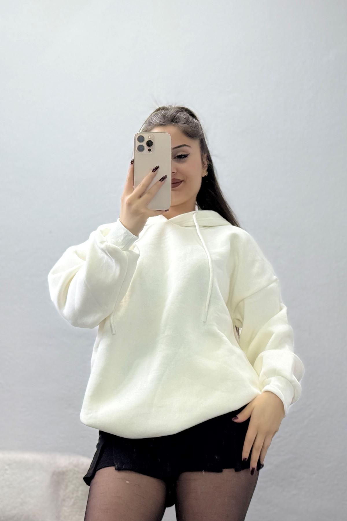 3 İplik Kapşonlu Sweat Ekru - 20074.1878.