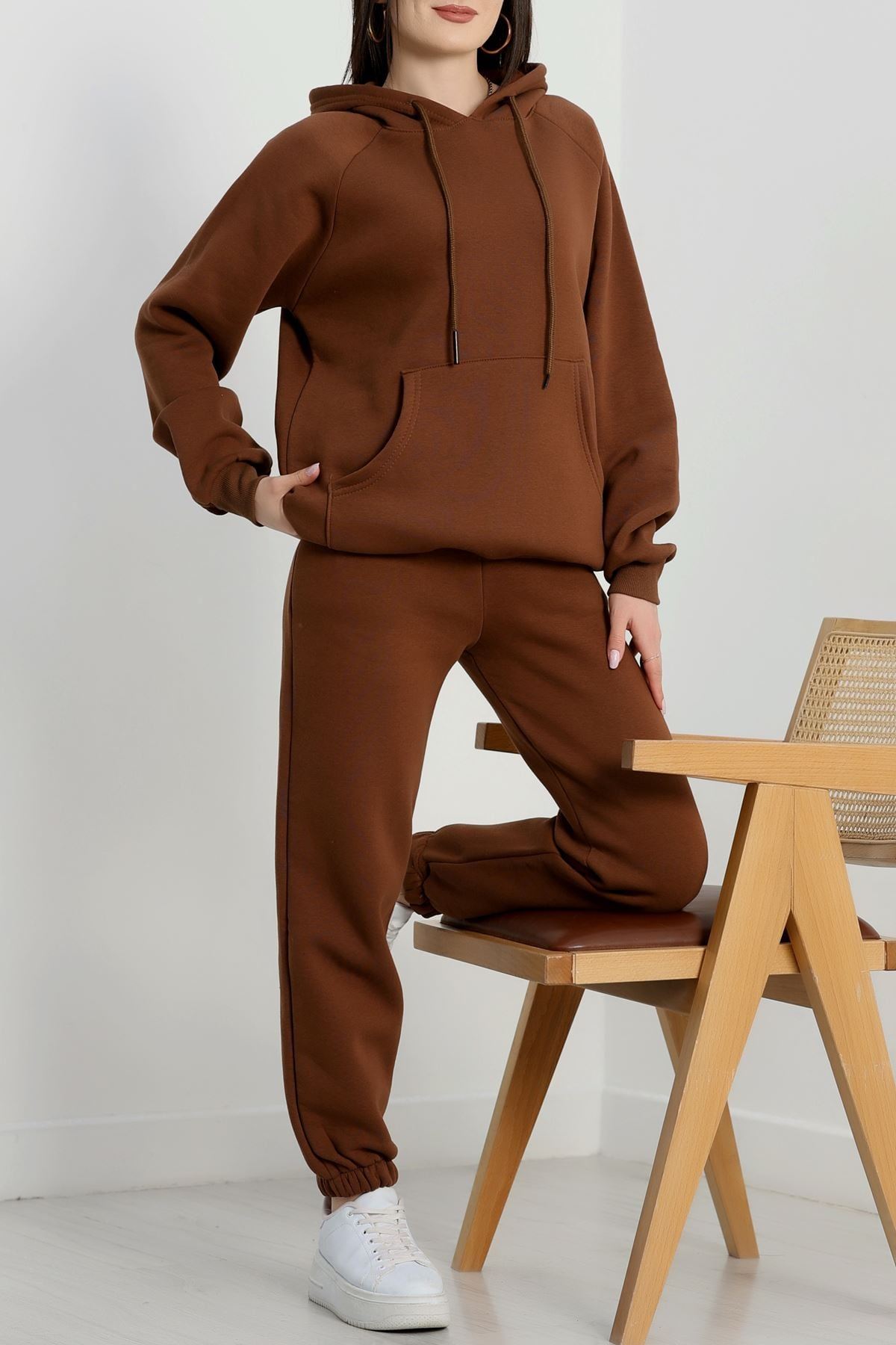 Kapşonlu 3 İplik Eşofman Takımı Kahve - 20965.1878.