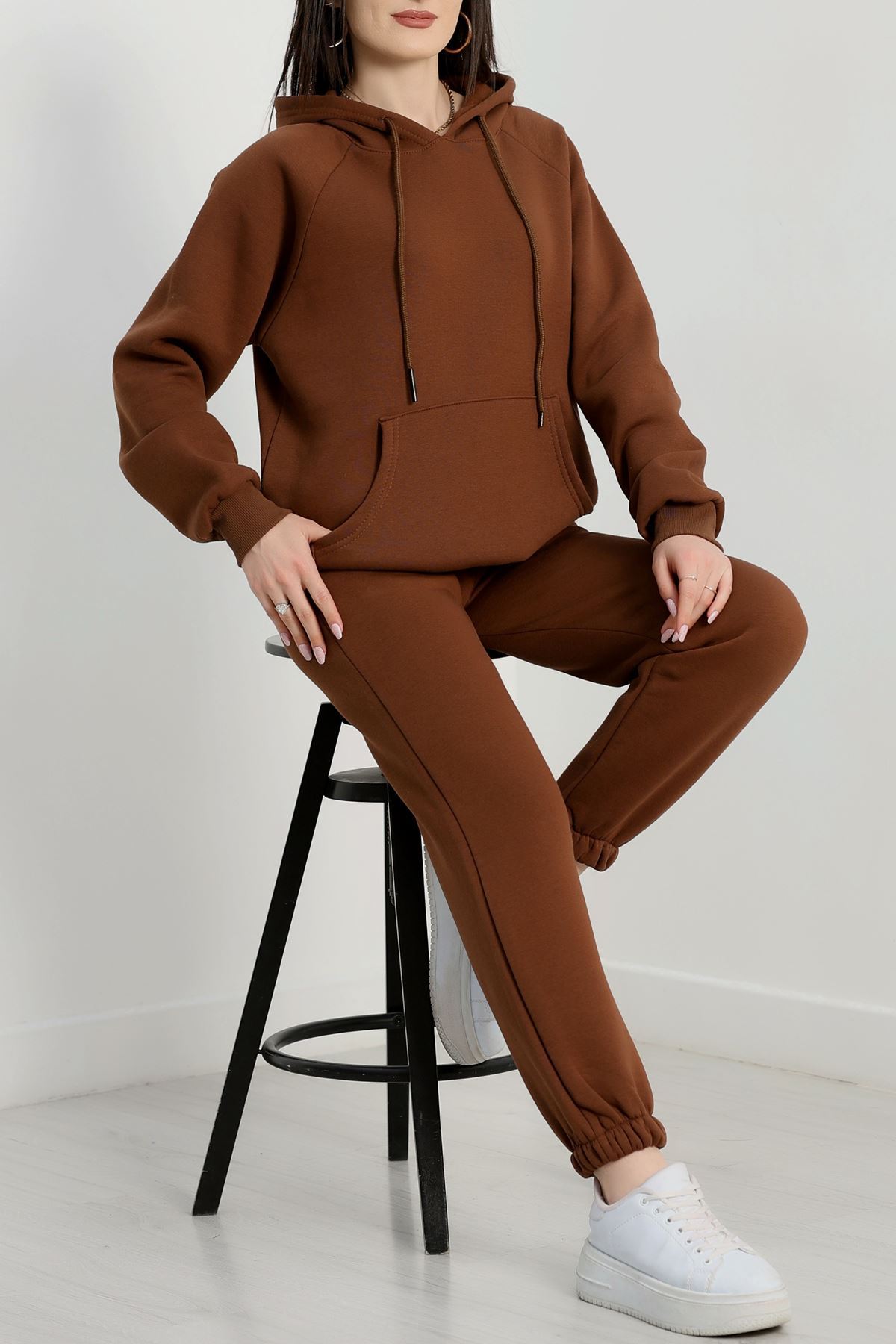 Kapşonlu 3 İplik Eşofman Takımı Kahve - 20965.1878.