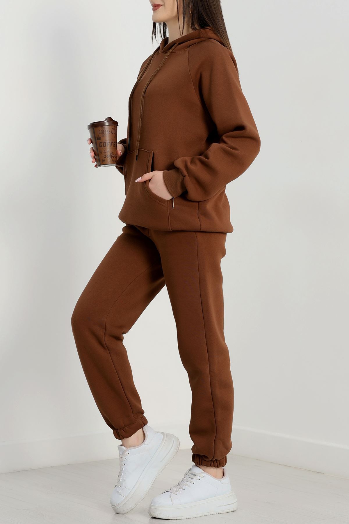 Kapşonlu 3 İplik Eşofman Takımı Kahve - 20965.1878.