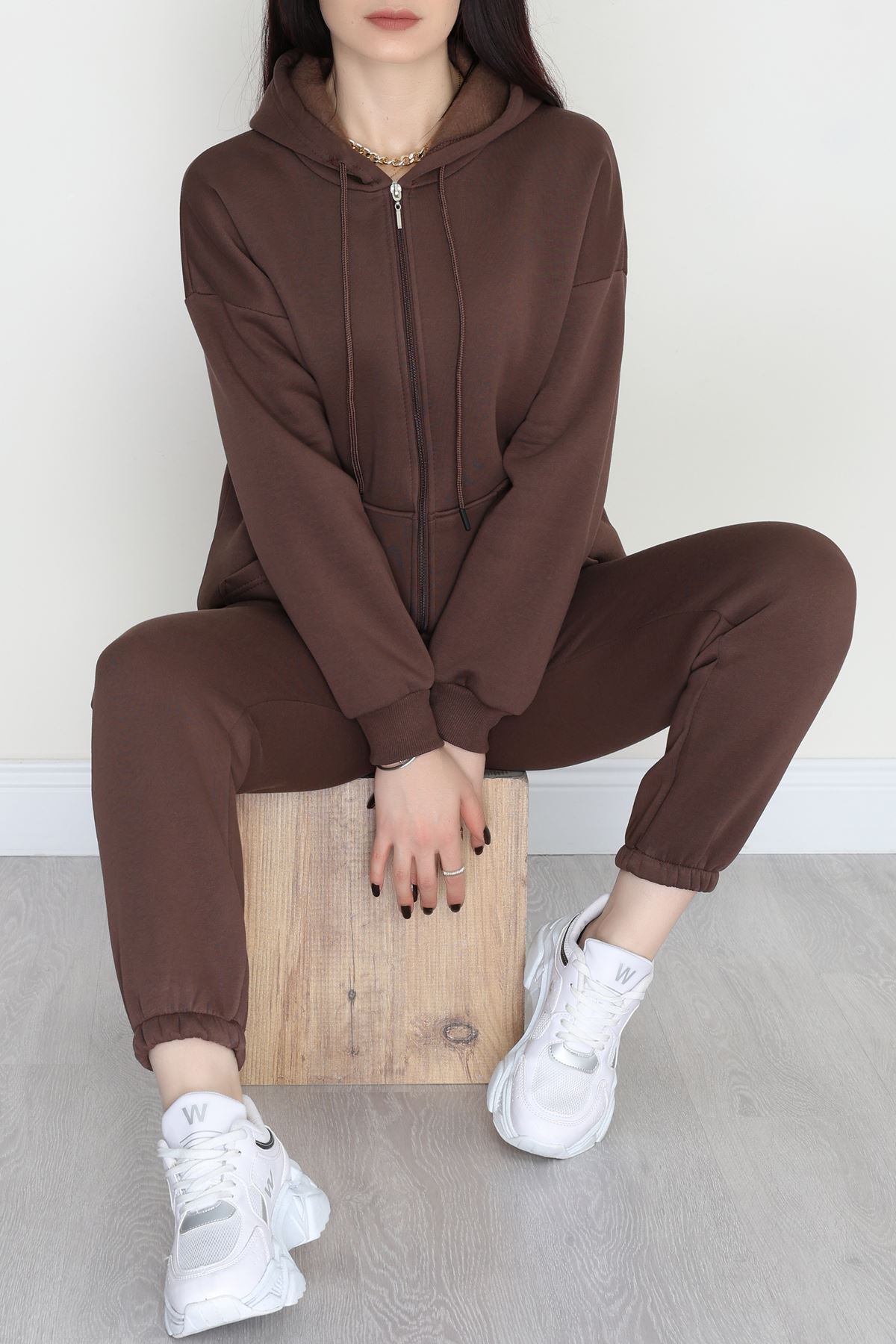 3 İplik Kapşonlu Eşofman Takımı Acıkahve - 20255.1878.