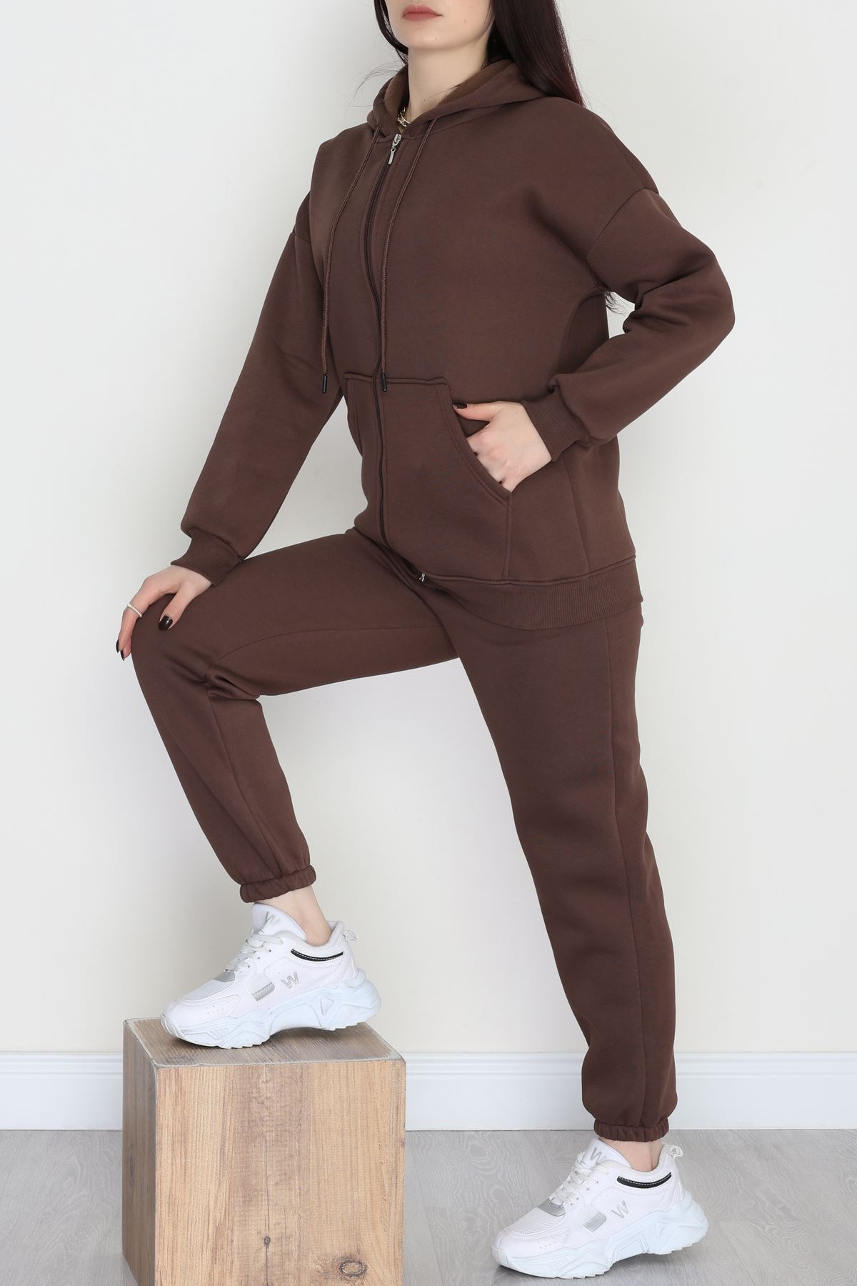 3 İplik Kapşonlu Eşofman Takımı Acıkahve - 20255.1878.