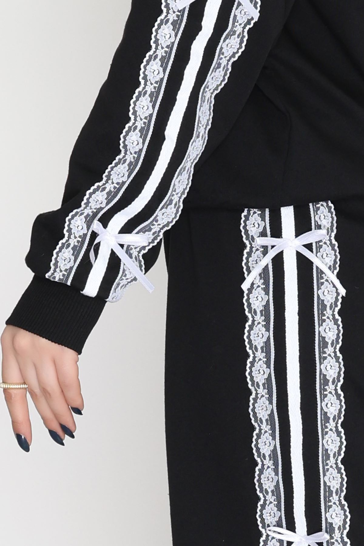 Dantel Şeritli 2 İplik Eşofman Takımı Siyah - 50801.1857.