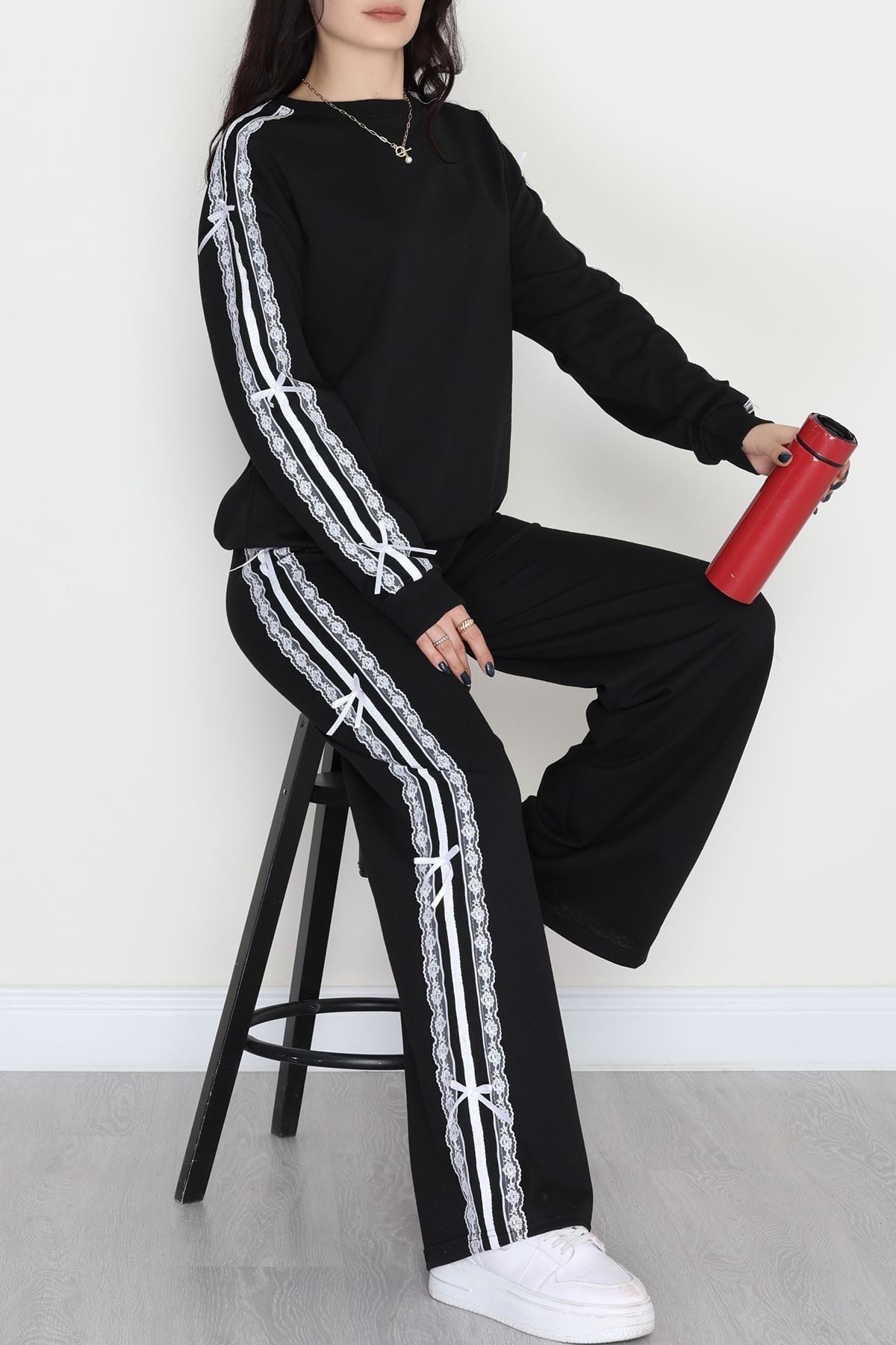 Dantel Şeritli 2 İplik Eşofman Takımı Siyah - 50801.1857.