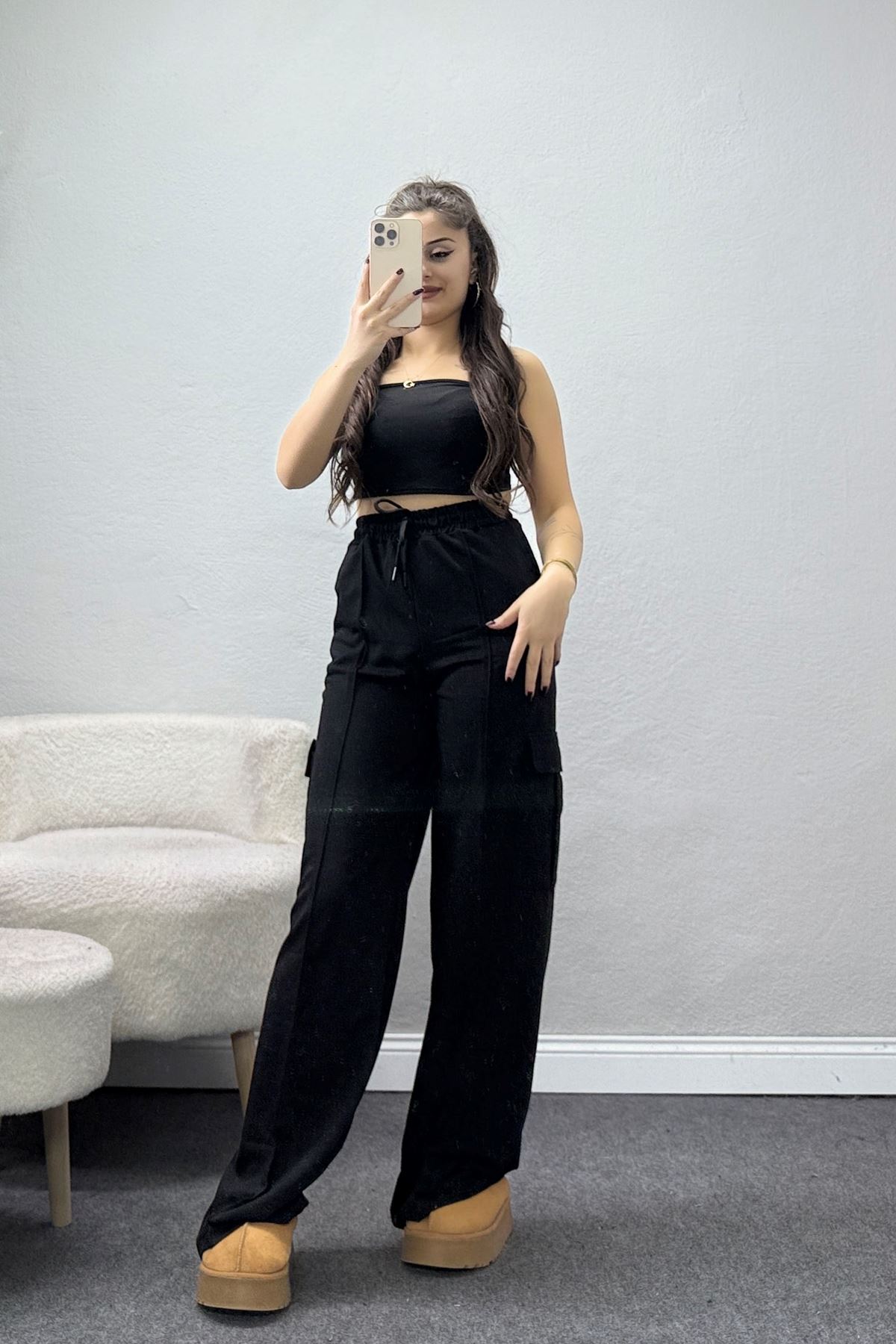 2 İplik Çımalı Kargo Eşofman Altı Siyah - 40020.1857.