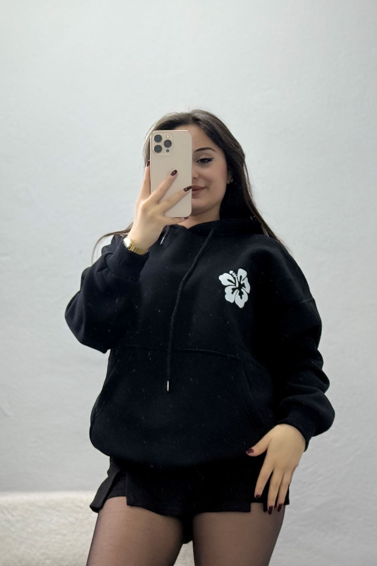 3 İplik Kanguru Cepli Kapşonlu Sweat Siyahekru - 42247.1878.