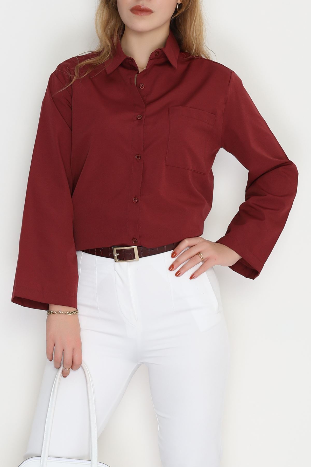 Geniş Kol Tek Cepli Oversize Terikoton Gömlek Bordo - 2029.1949.