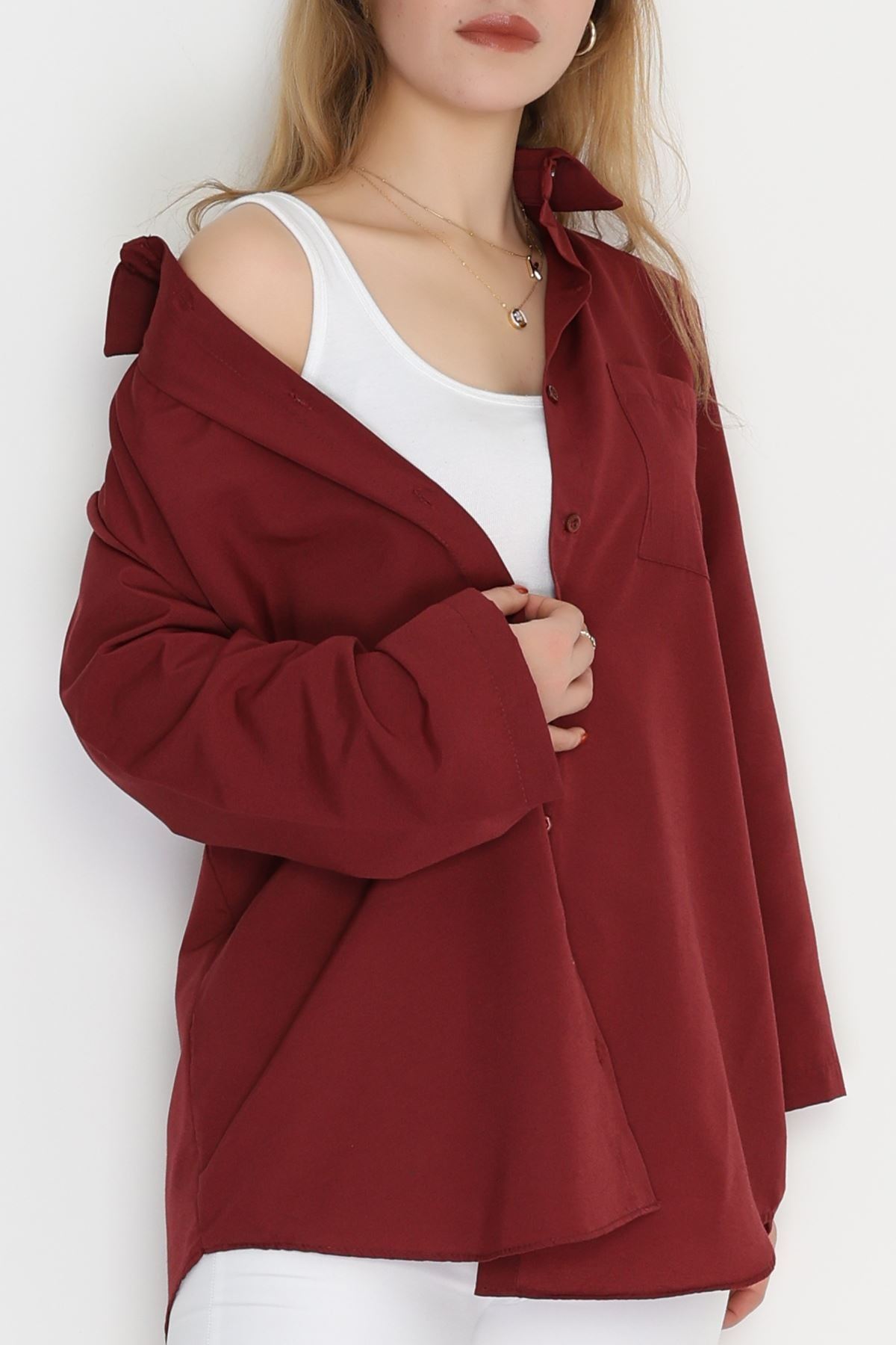 Geniş Kol Tek Cepli Oversize Terikoton Gömlek Bordo - 2029.1949.