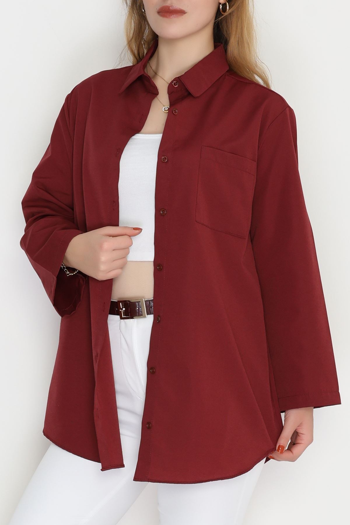 Geniş Kol Tek Cepli Oversize Terikoton Gömlek Bordo - 2029.1949.