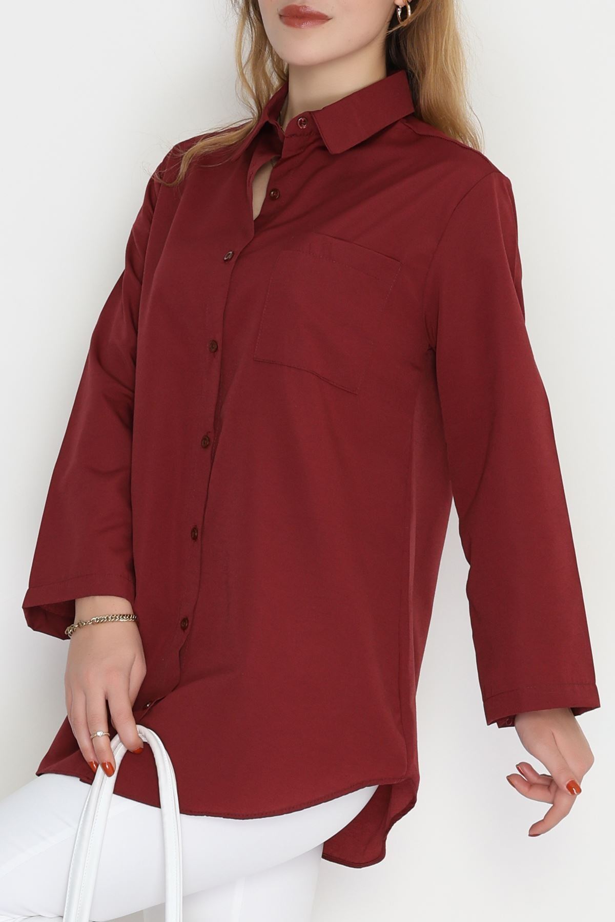 Geniş Kol Tek Cepli Oversize Terikoton Gömlek Bordo - 2029.1949.