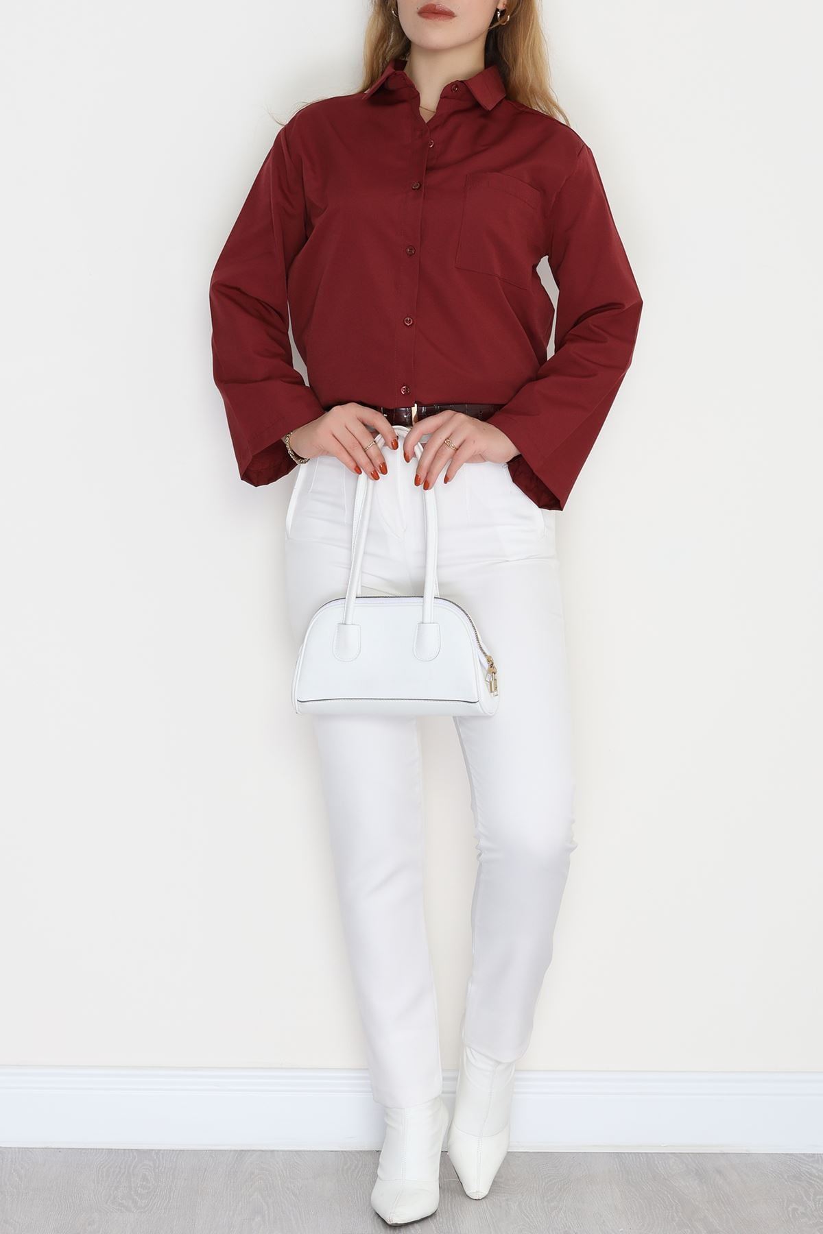 Geniş Kol Tek Cepli Oversize Terikoton Gömlek Bordo - 2029.1949.