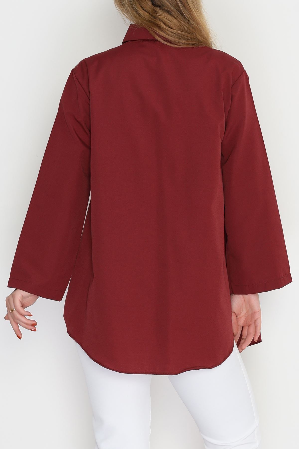 Geniş Kol Tek Cepli Oversize Terikoton Gömlek Bordo - 2029.1949.