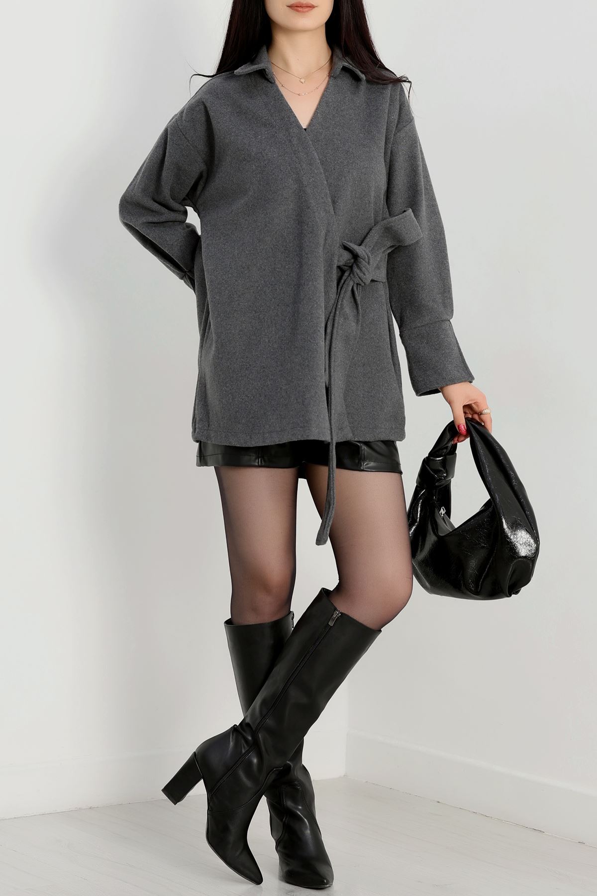 Bağlamalı Kruvaze Yaka Kaşe Ceket Antrasit - 70993.1775.