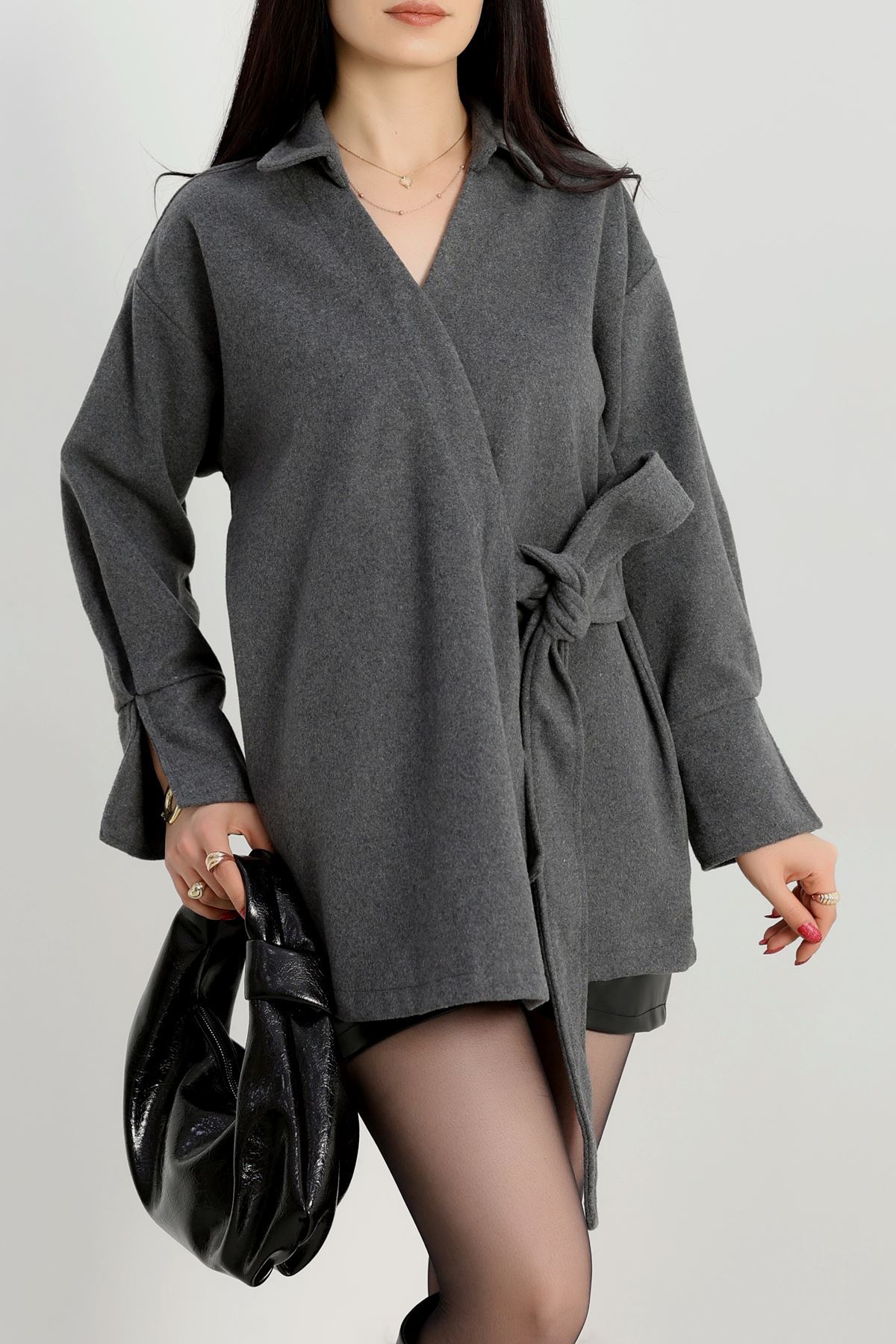 Bağlamalı Kruvaze Yaka Kaşe Ceket Antrasit - 70993.1775.