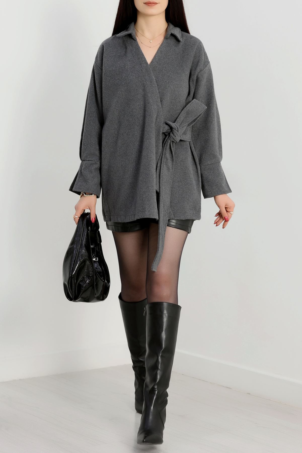 Bağlamalı Kruvaze Yaka Kaşe Ceket Antrasit - 70993.1775.