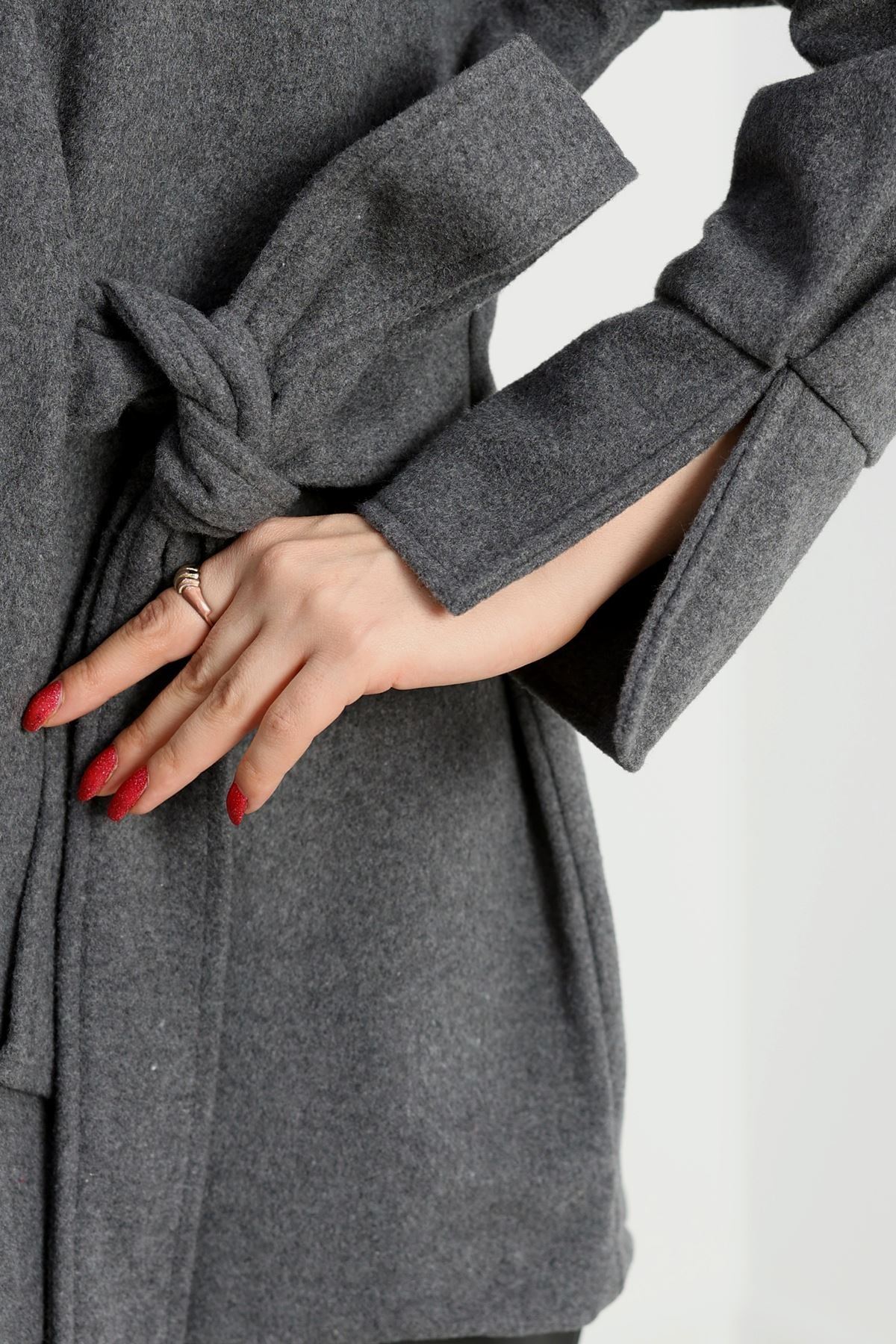 Bağlamalı Kruvaze Yaka Kaşe Ceket Antrasit - 70993.1775.