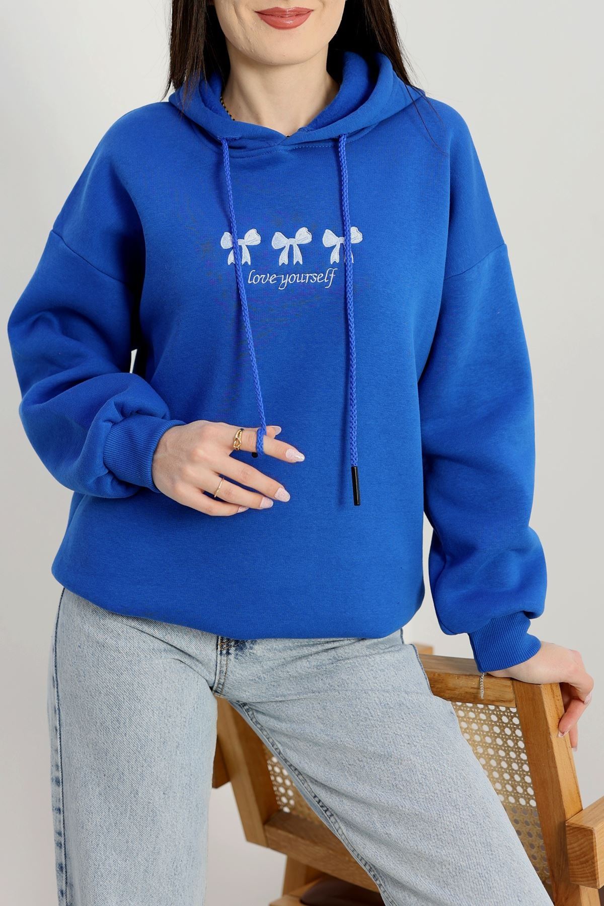 3 İplik Kapşonlu Nakışlı Sweat Saksbeyaz - 42219.1878.