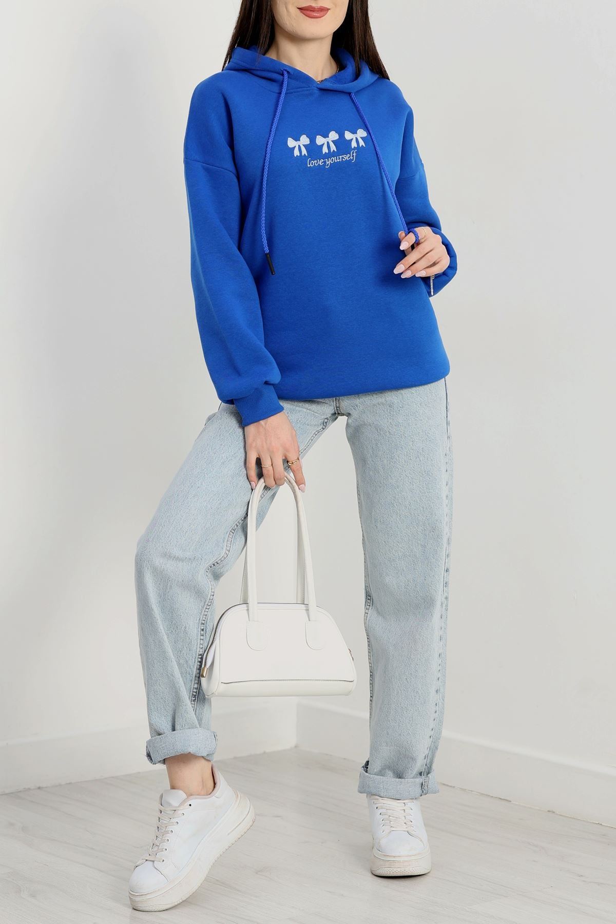 3 İplik Kapşonlu Nakışlı Sweat Saksbeyaz - 42219.1878.