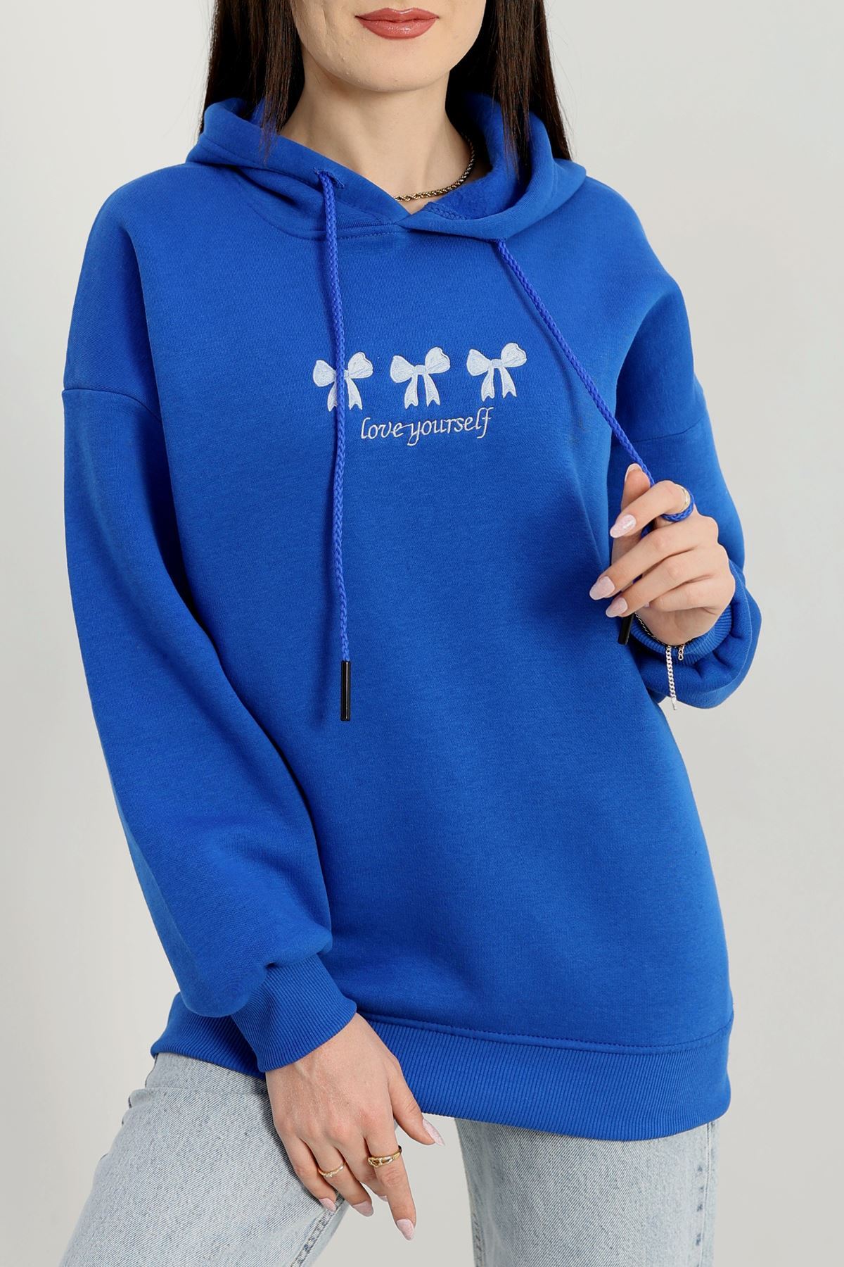 3 İplik Kapşonlu Nakışlı Sweat Saksbeyaz - 42219.1878.